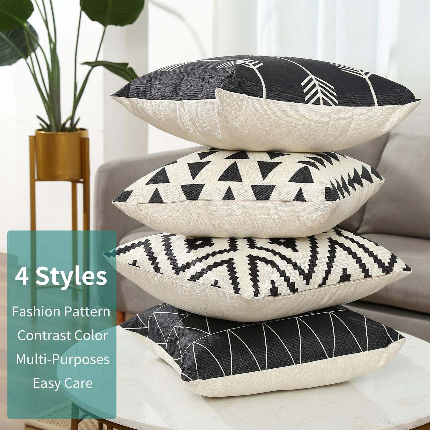 Tosewever Set of 4 Decorative Geometric 18 x 18 Inches Throw Pillow Covers - Modern Pattern Linen Square Pillow Cushion Case for Sofa Couch Bed Home Outdoor Car (18" x 18", Black)