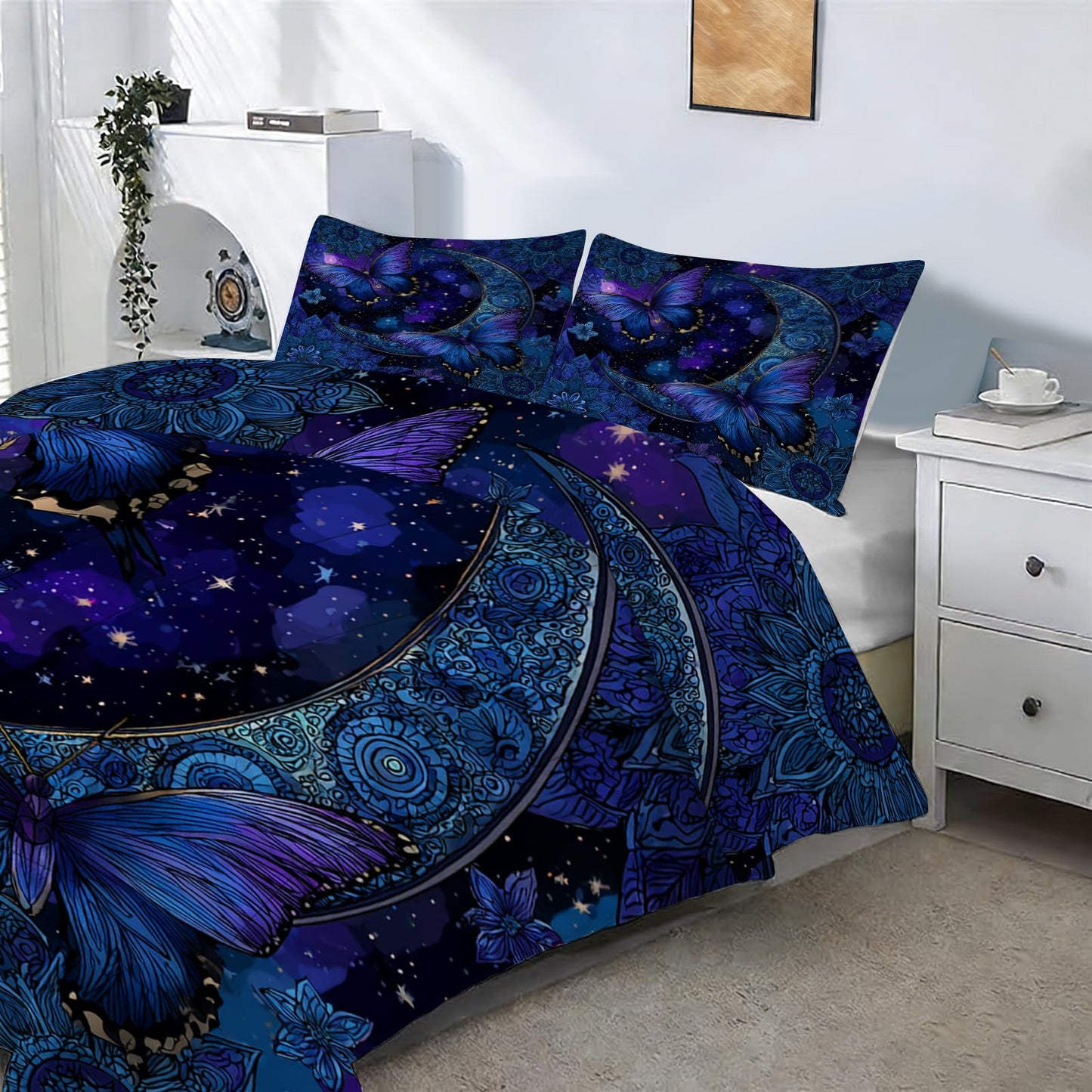EDGZKO Butterfly Comforter Set, Queen Size Boho Floral Bedding Set for Boys Girls Kids Adults, Gothic Moon Quilt Duvet Breathable Star Sky Bed Set, 1 Comforter & 2 Pillowcases