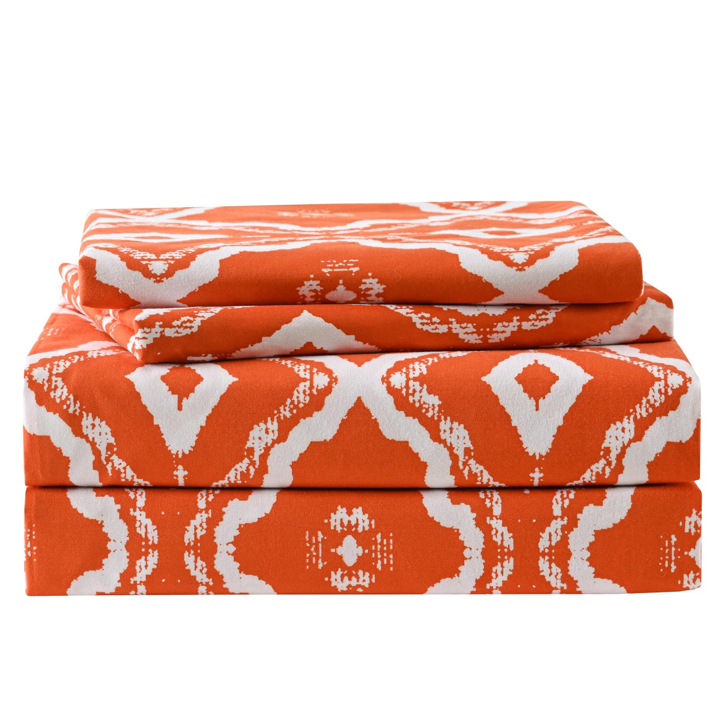 Yibeizi Orange Patterned Queen Sheet Set Boho Printed Bed Sheets Microfiber Bedding Sheets & Pillowcases Soft 15" Extra Deep Pocket Fitted Bedsheet 4 Piece