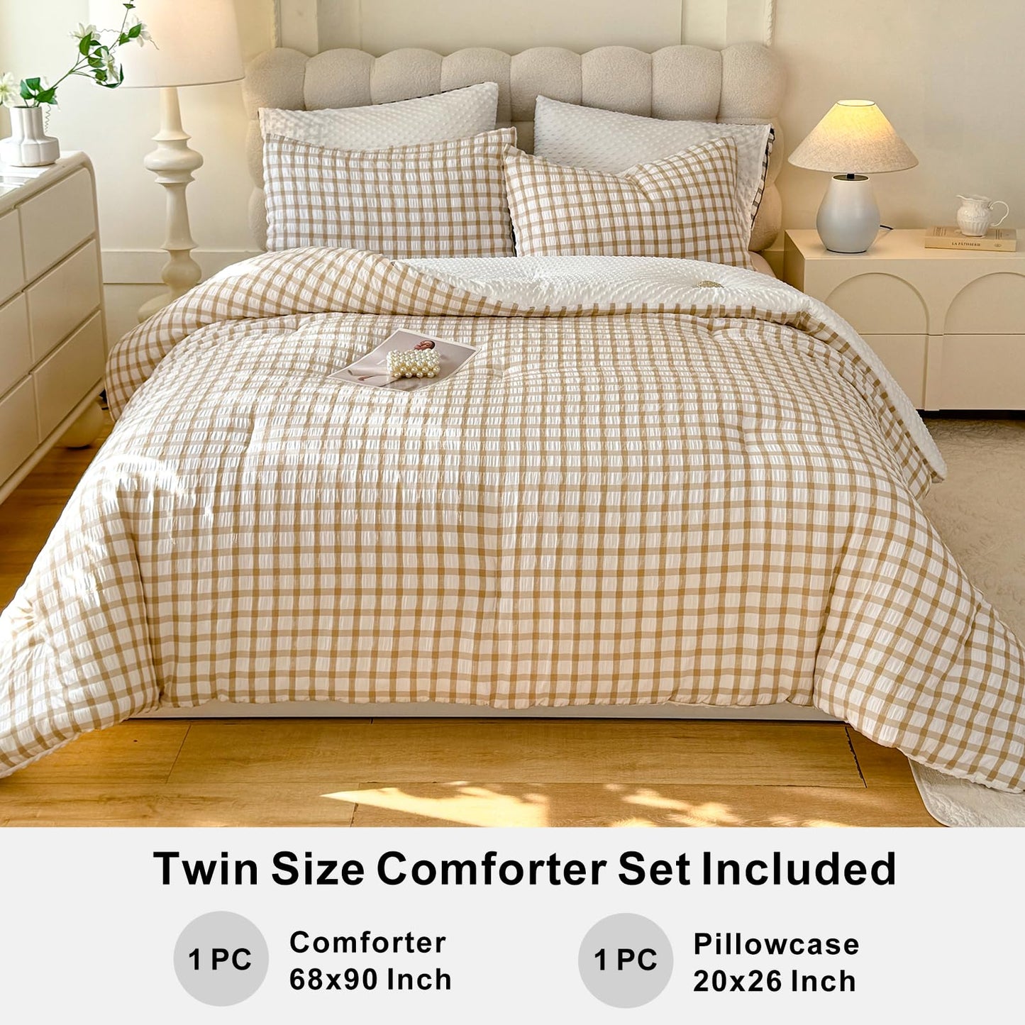 tohrisa Boho Comforter Set Twin Size - 2 Pieces Lightweight Jacquard Seersucker Bedding Sets (1 Soft Fluffy Grid Comforter & 1 Pillowcase) - All Seasons Cozy Modern Bed Set(68"x90" Beige)