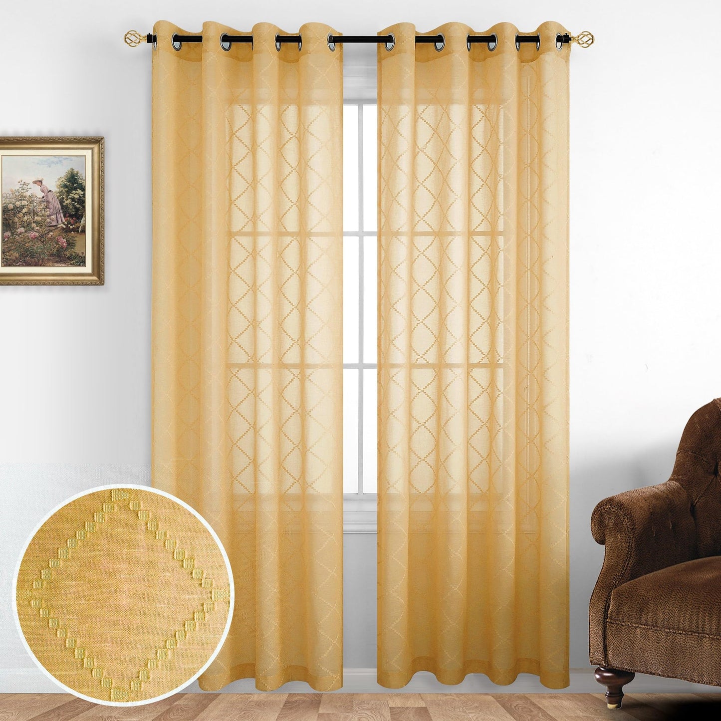 KOUFALL Gold Curtains for Living Room 84 Inches Long,Sheer Geometric Fancy Sheers Mid Century Modern Boho Curtains for Bedroom 2 Panels Set