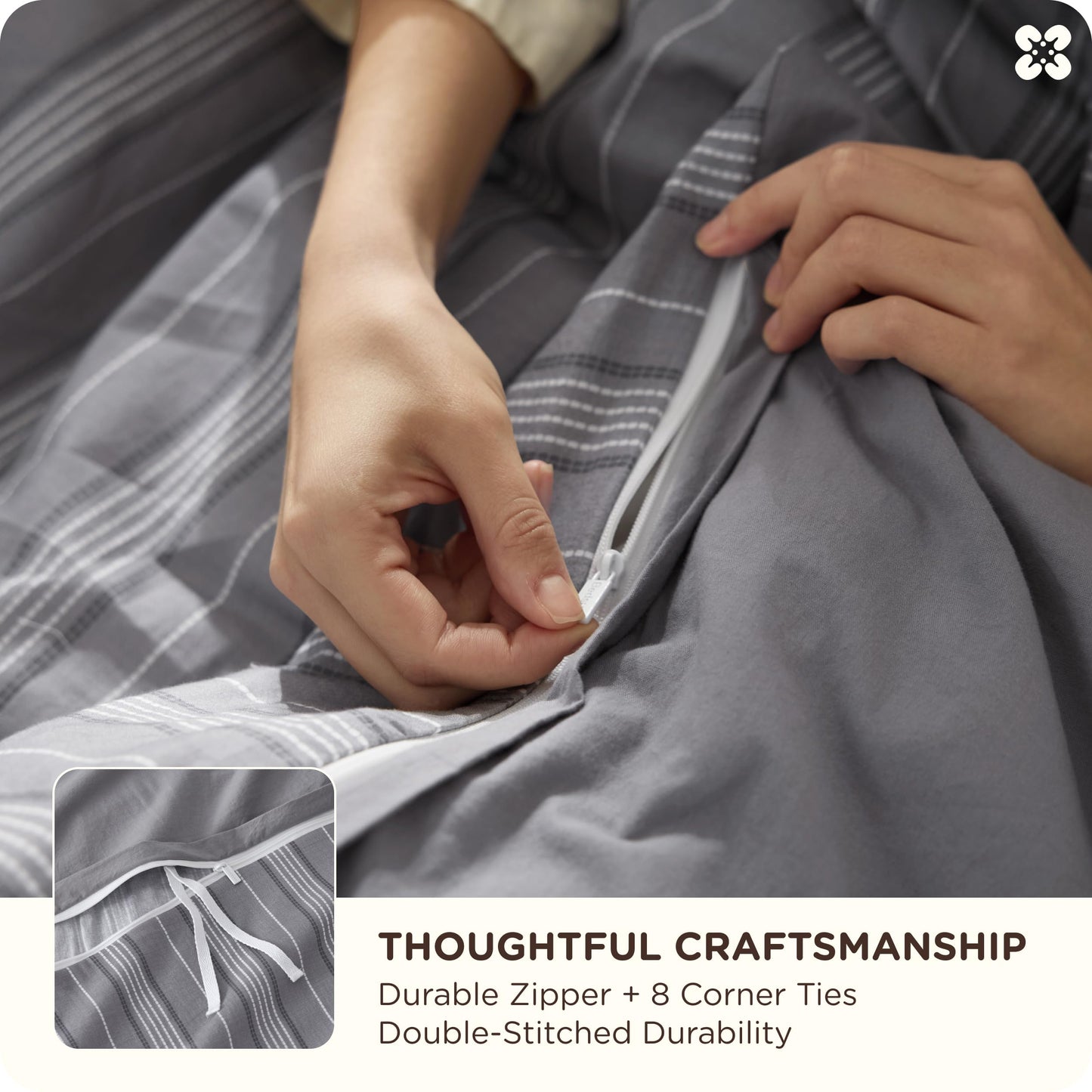 Bedsure Striped Duvet Cover Queen Size, 100% Washed Cotton PureWoven Duvet Cover Linen Like Textured, Classic Striped Pattern Enhances Bedroom Comfort and Style, Stripes Grey, 90"x90"