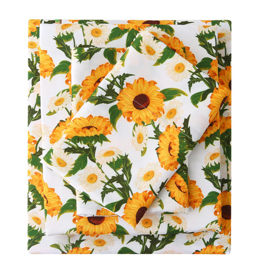 Mooreeke Cozy Vintage Microfiber Printed Floral Full Sheet Set - Soft & Breathable Yellow Sunflower Bed Sheets with Extra Deep Pocket - Non-Slip Fitted Design - Sunflower Pattern - Full