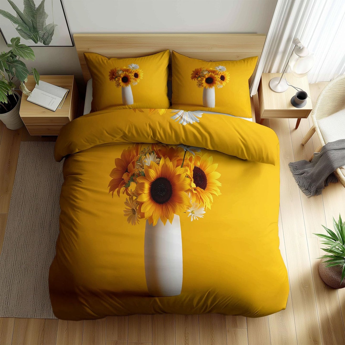 Super Soft Art Photography Duvet Cover Set Twin Size, Minimalist Yellow White Vase Sunflowers Bedding for Kids Boys Girls Teens - Breathable and Anti-Allergic Soft Comforter Cover 2 Pillow Shams