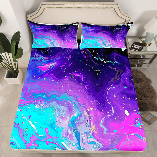 Marble Fitted Sheet, Kids Chic Girly Purple Bedding Set Full Size, Tie Dye Watercolor Bed Set for Girls Children Boys Teens Turquoise Abstract Stone Pattern Bed Cover for Bedroom(No Flat Sheet)
