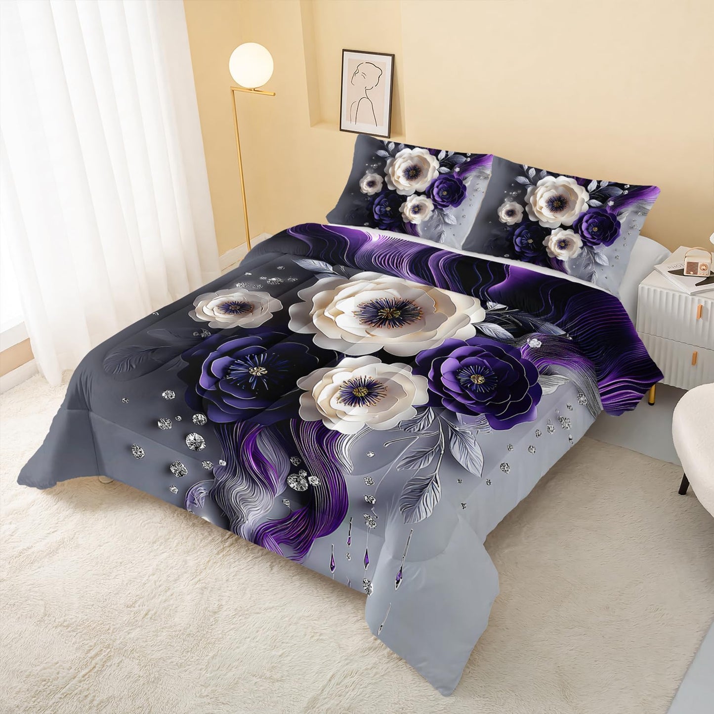 QOOMO Purple Flowers Kids Bedding Set,Cartoon Plants Comforter Set Queen Size for Boys Girls Teen Room Decorat,Soft Lightweight Bed Set All Season,1 Comforter 2 Pillowcases