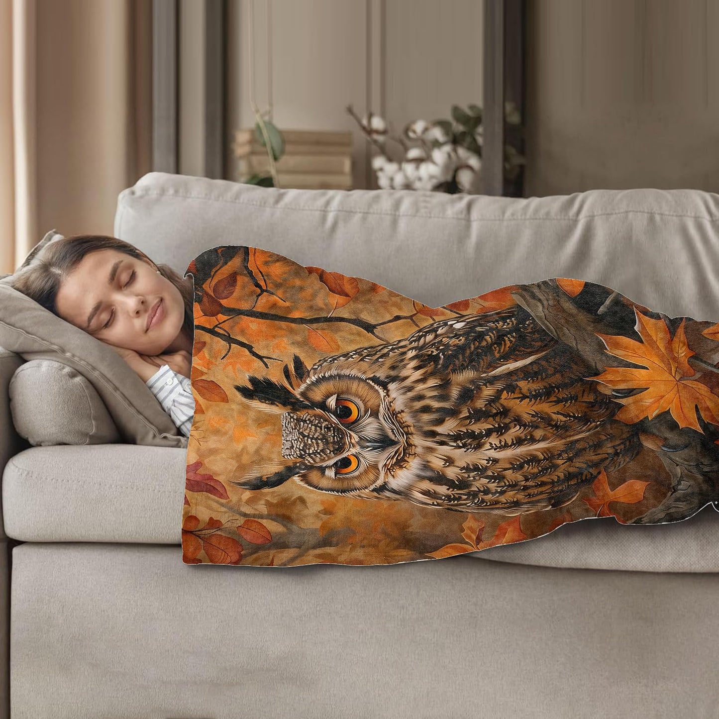 Plistiz Autumn Owl Throw Blanket, 50"x60", Soft Flannel Owl Gifts for Adults and Women, Home Decor