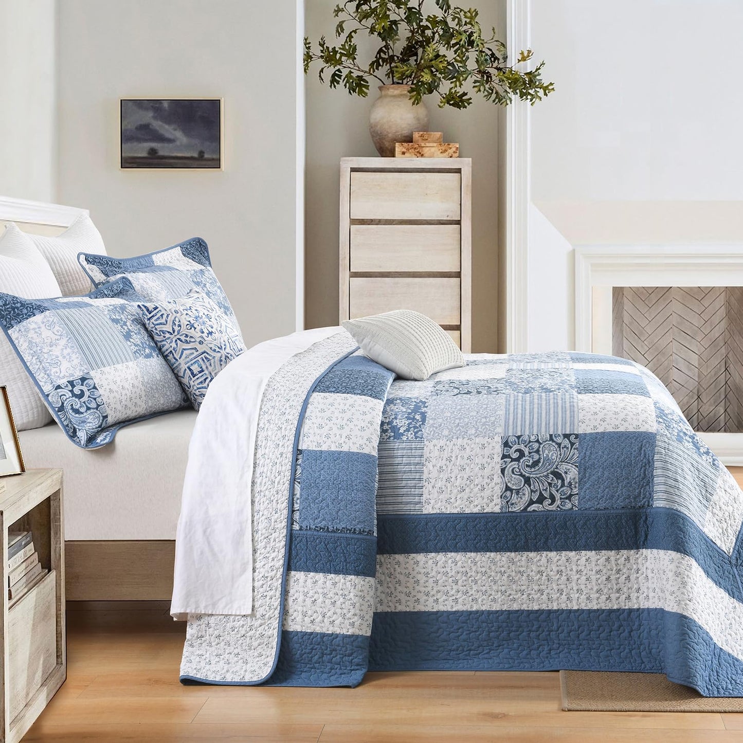 FineStichery 100% Cotton King Bedspread 120x120, Oversized Quilt Set, Farmhouse Extra Large Coverlet, Plaid Botanical and Paisley Pattern, Lightweight, Reversible, 3 Piece, Blue/White
