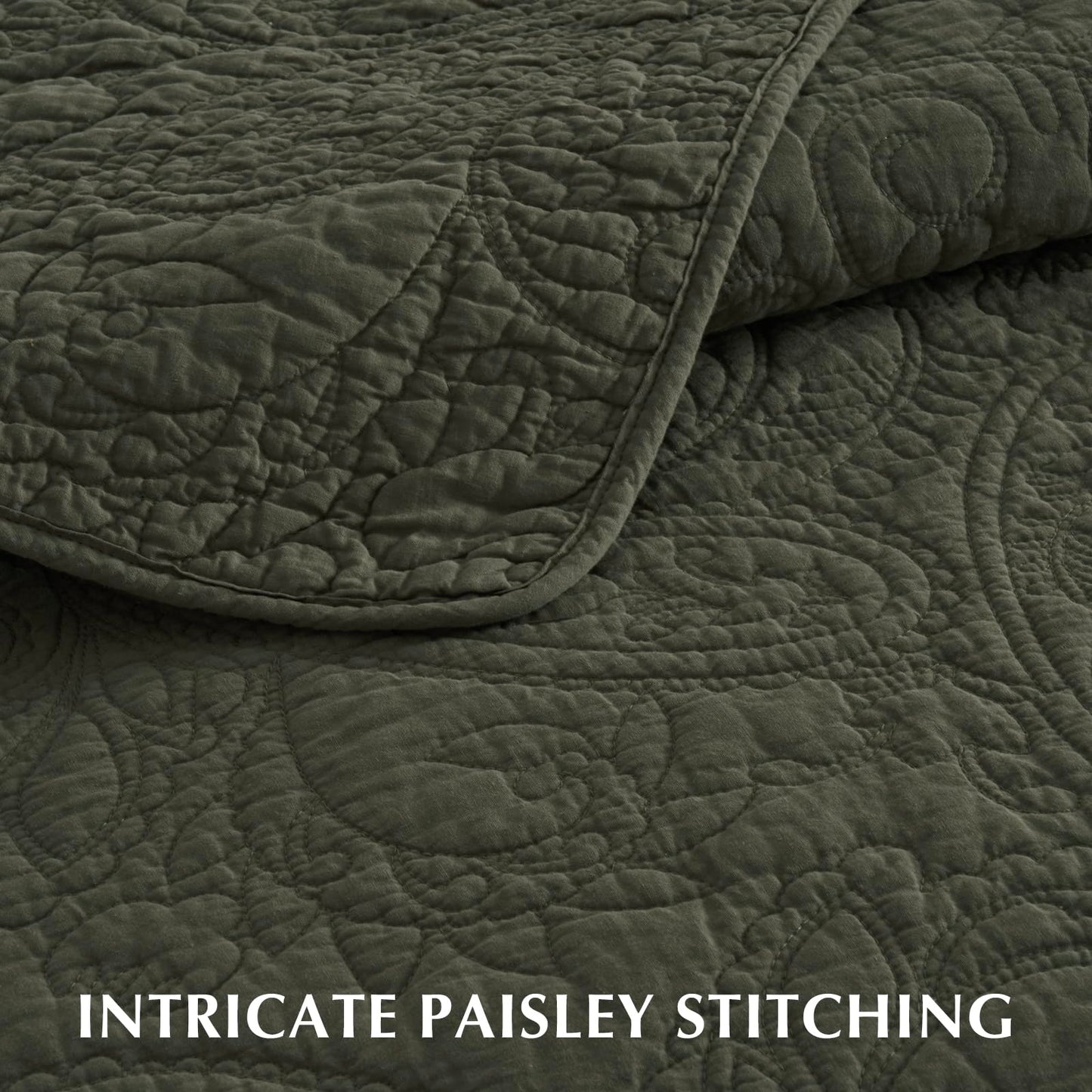 EVERGRACE 100% Cotton Paisley Quilt Set, Queen Size 3 Piece Set – Prewashed Lightweight Bedspread with 2 Shams, Soft & Breathable Matelasse-Style Quilted Coverlet, Olive Green