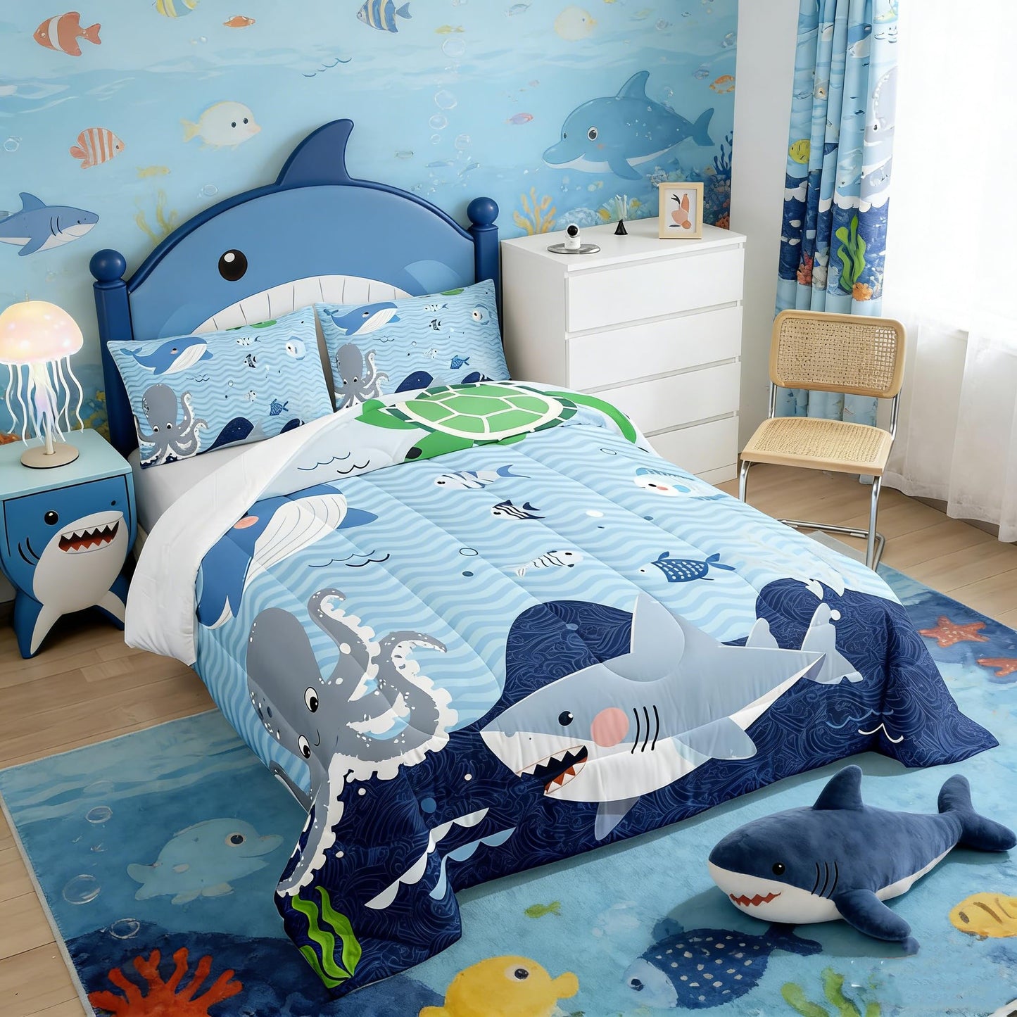 Homewish Shark and Whale Comforter Set,Cartoon Sea Animal Bedding Set for Kids Girls Women,Adults Octopus Turtle Comforter,Underwater World Quilted Duvet Set Bedroom Collection Twin Size 2Pcs