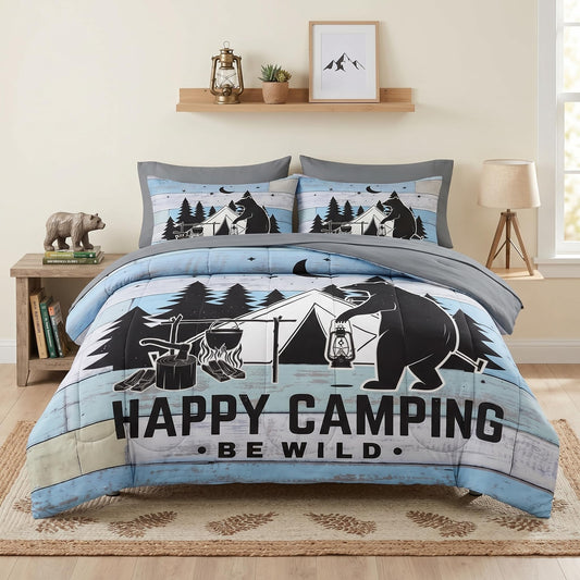 Nesker 7 Pcs Comforter Set Queen Size, Vintage Happy Camping Bedding Set for Kids and Adults, Bear Camper Wood Summer Bed Sheet Sets with Fitted Sheet 2 Pillowcases & 2 Shams