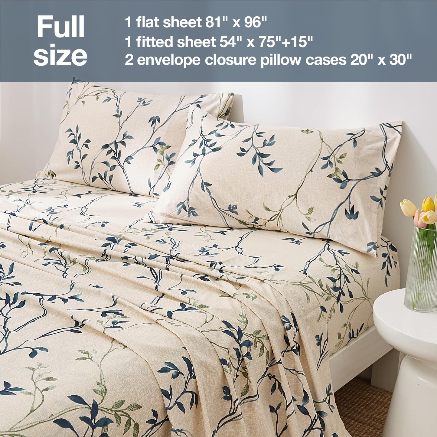 JSD Beige Leaves Print Sheet Set Full Size, 4 Piece Soft Botanical Microfiber Sheets Extra Deep Pocket Wrinkle Free