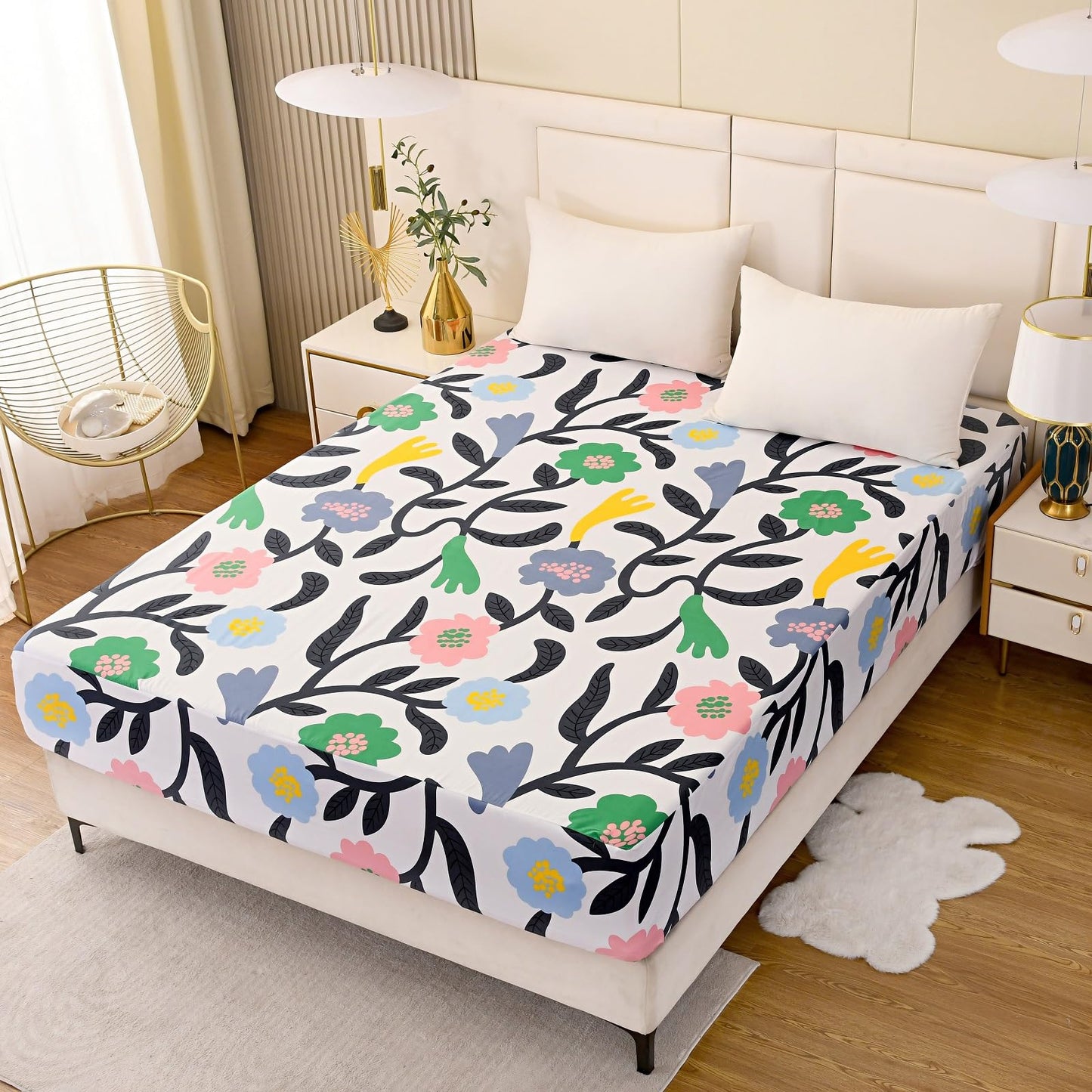 NATURETY Bedding Fitted Sheet with Deep Pocket Mattress Cover Sheets,Colorful Flowers Printed Fabric Bed Sheets (Floral, Queen)