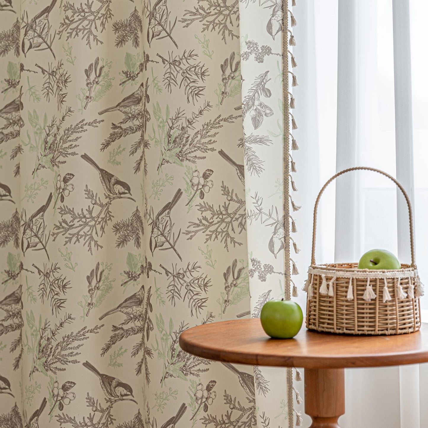 Erbnaryx Bird Botanical Curtains 72 Inches Long, Boho Farmhouse Light Filtering Rod Pocket Drapes with Tassel Trim for Bedroom Living Room, 2 Panels