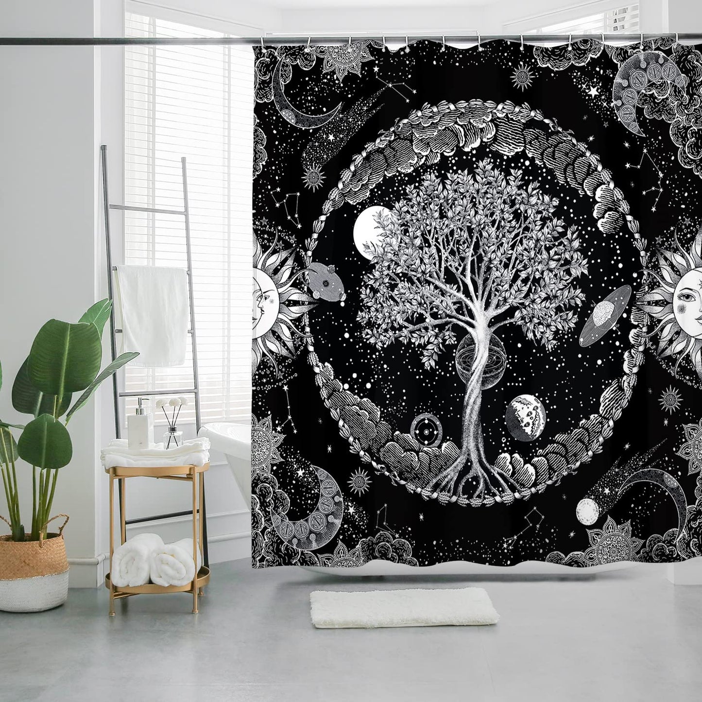 HMS Happy Memories Bohemian Plant Boho Floral Print Shower Curtain, Polyester Fabric Cloth for Bathroom Decor 72×72 Inch Standard Size with 12 Hooks, Also as Room Divider (Black Tree)