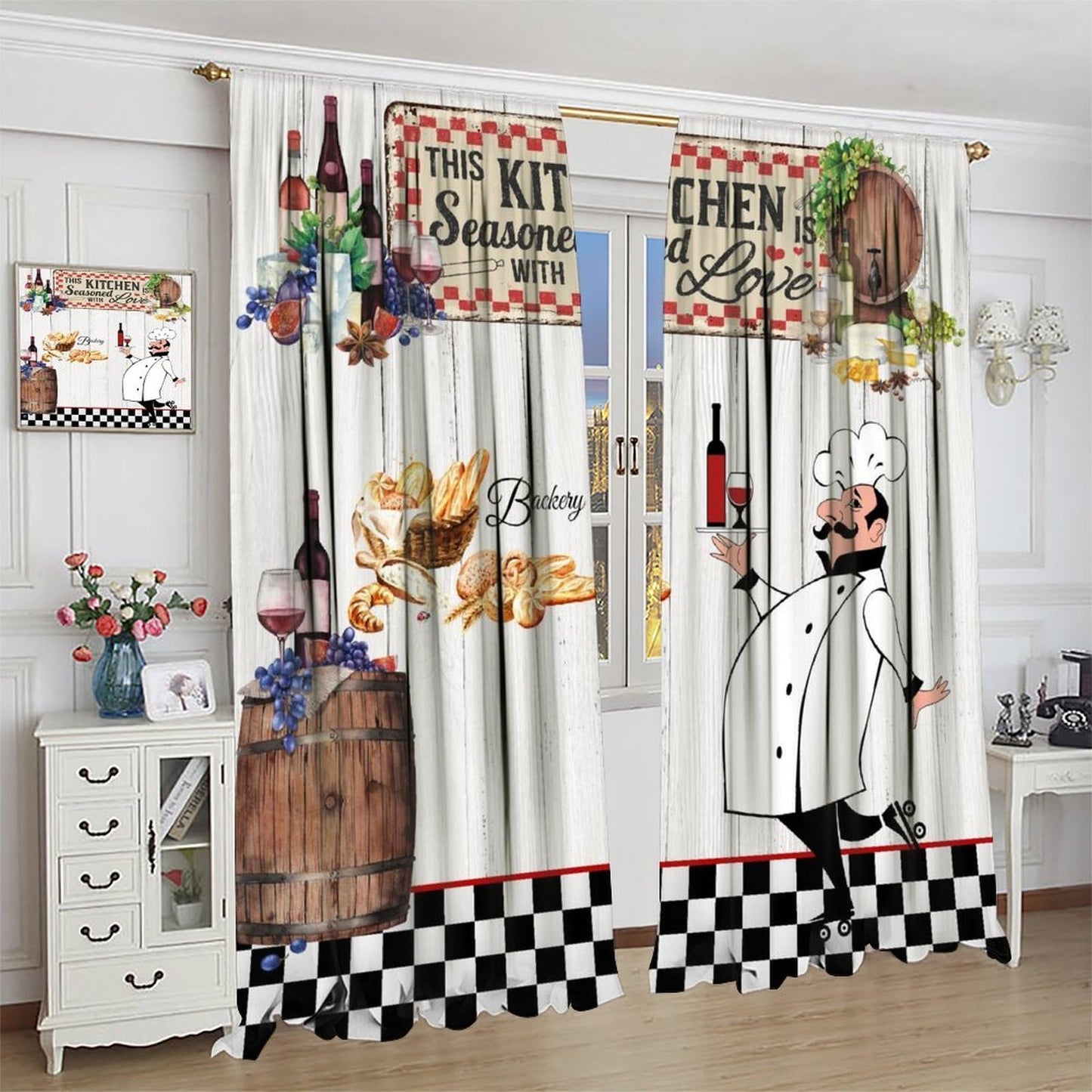 YSWOW Chef Kitchen Curtains, Funny Chef Cook Theme Rustic Farm Black Checkered Art Printed Window Drapes for Bedroom Living Room Decor Fabric Set 2 Panel 27.5x39 Inch 80% Shading Rate