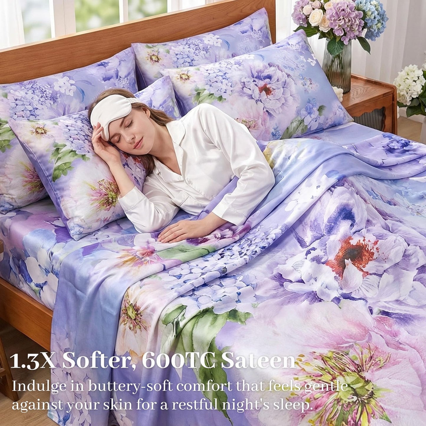 YIYEA 100% Viscose Derived from Bamboo Sheets, 600 Thread Count Cooling Bed Sheet Set for Hot Sleepers, Silky Soft, Breathable, 16" Deep Pocket, 3PC, Twin, Floral
