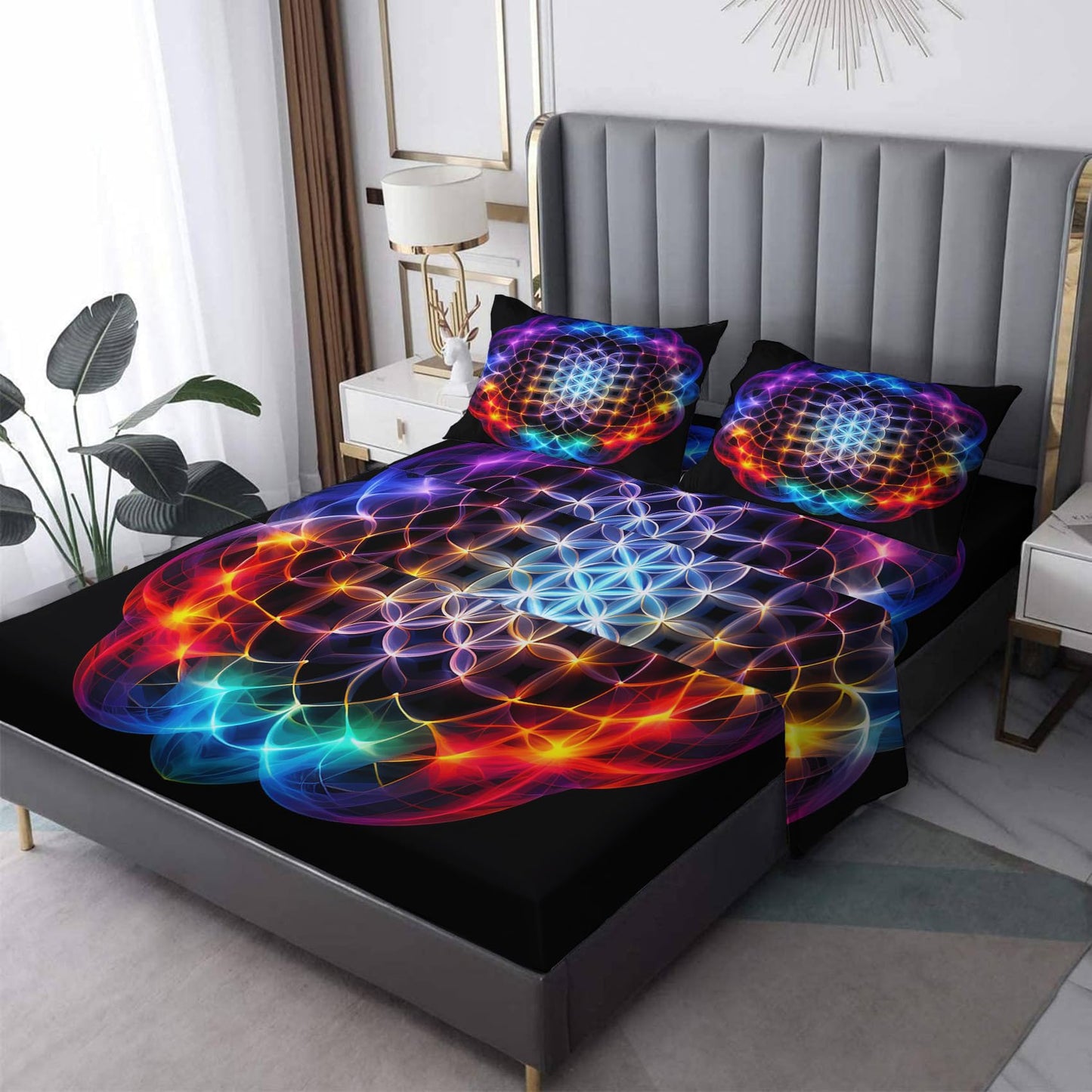 THYUNQ Chakra Split King Sheets Sets for Adjustable Bed, Spiritual Pattern Sheet Set - 16 Inch Deep Pocket, Super Soft Microfiber Printed Bedding Sheets & Pillowcases 5 Piece