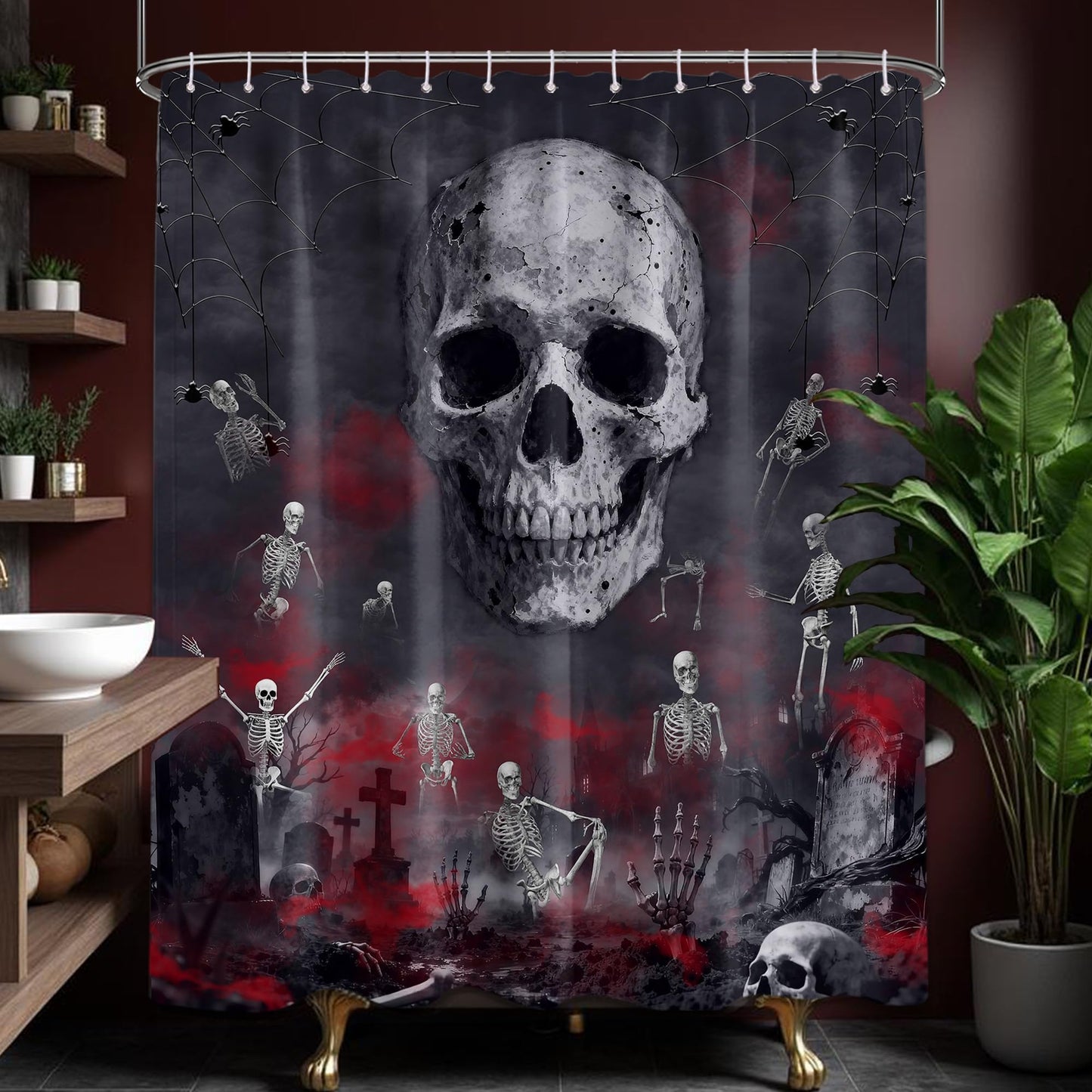 Keeuy Skull Gothic Shower Curtain, Red and Black, 72 x 72 Inch