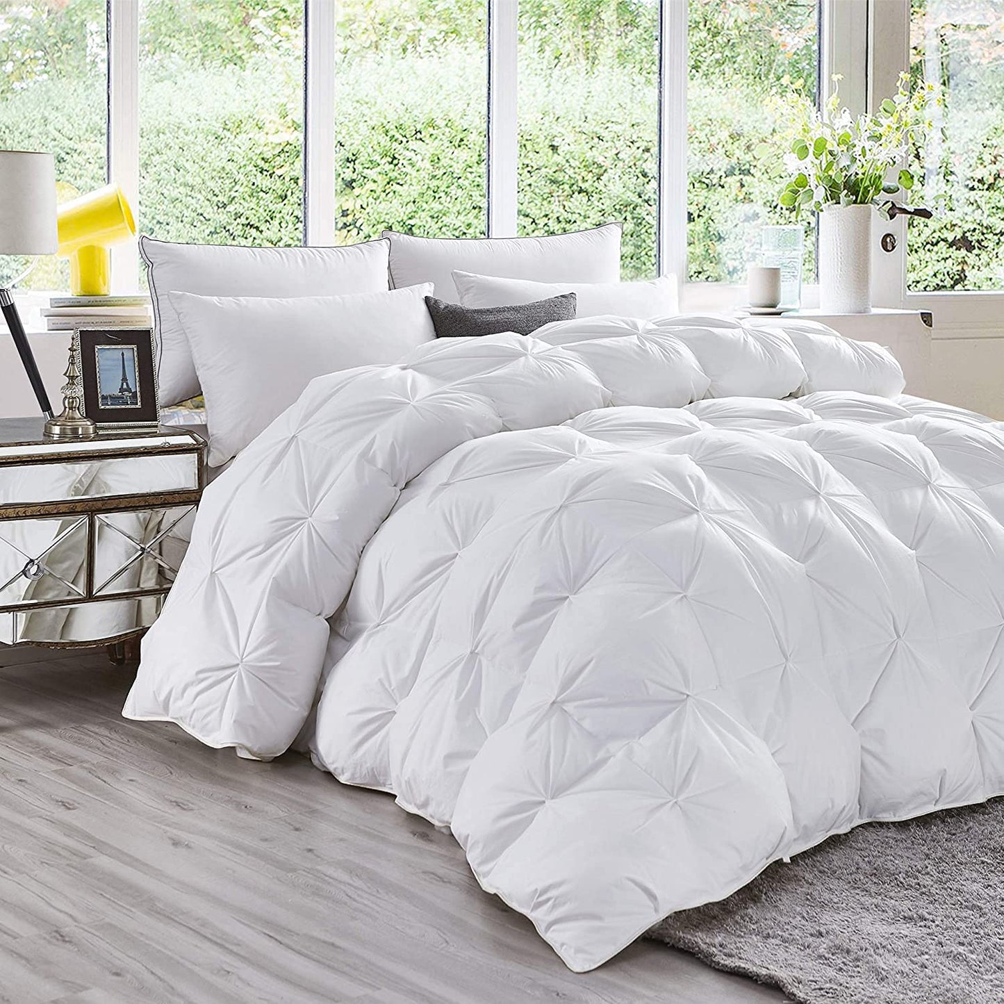 Luxurious Goose Down Feather Fiber Comforter Duvet Insert, Exquisite Pinch Pleat White Design, Oversize Palatial King White 128 x 98, Premium Baffle Box 100% Egyptian Cotton, 80 oz Fill Weight