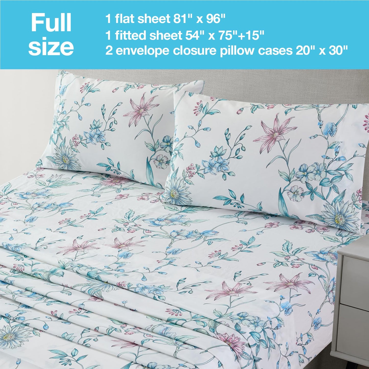 JSD White Blue Floral Printed Sheet Set Full Size, 4 Piece Botanical Microfiber Sheets Extra Deep Pocket