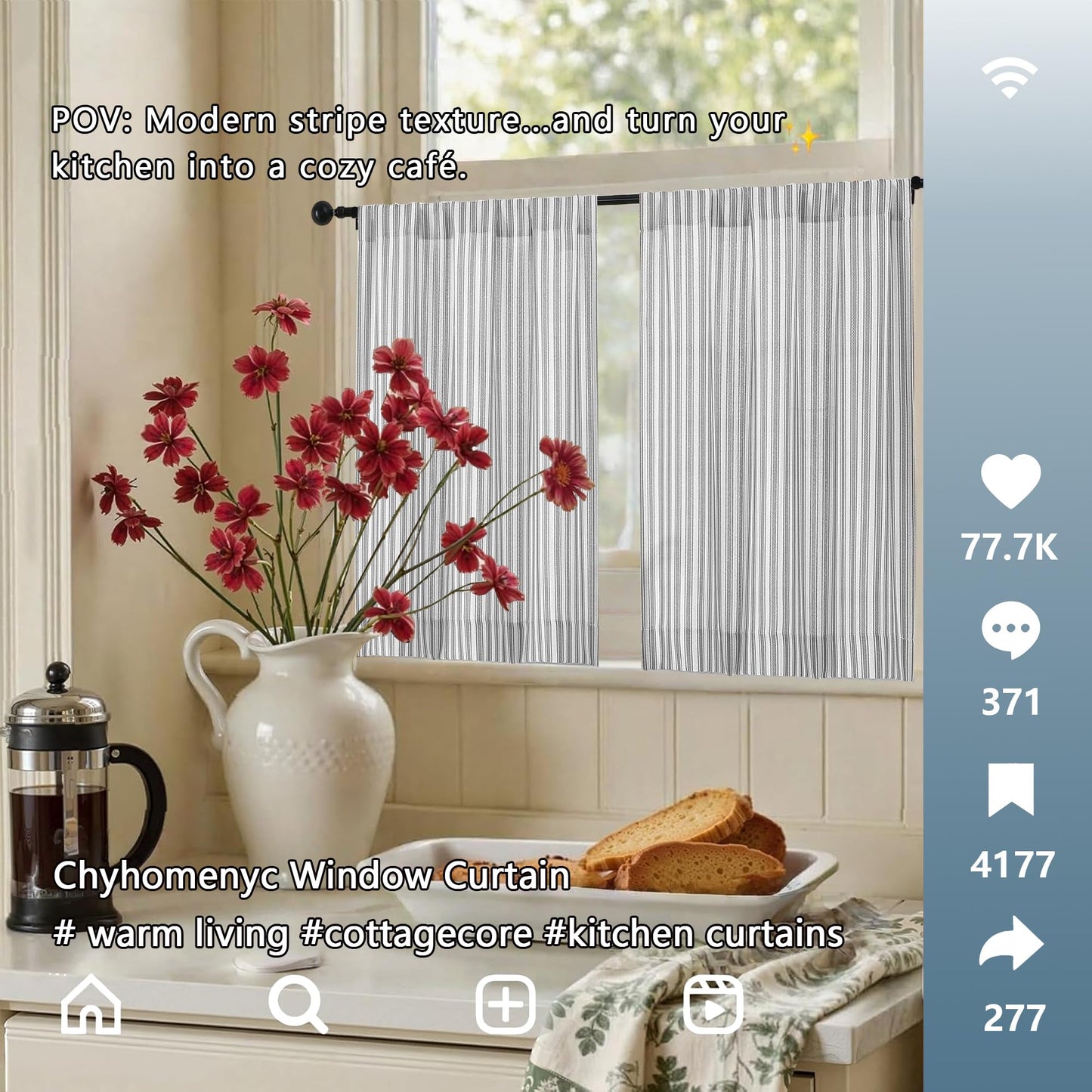 Chyhomenyc Striped Boho Curtains 24 Inch Length - Light Filtering Faux Linen Half Window Cafe Curtains, Farmhouse Short Curtain Tiers for Bathroom RV Camper, 30Wx24L, 2 Pieces, Grey