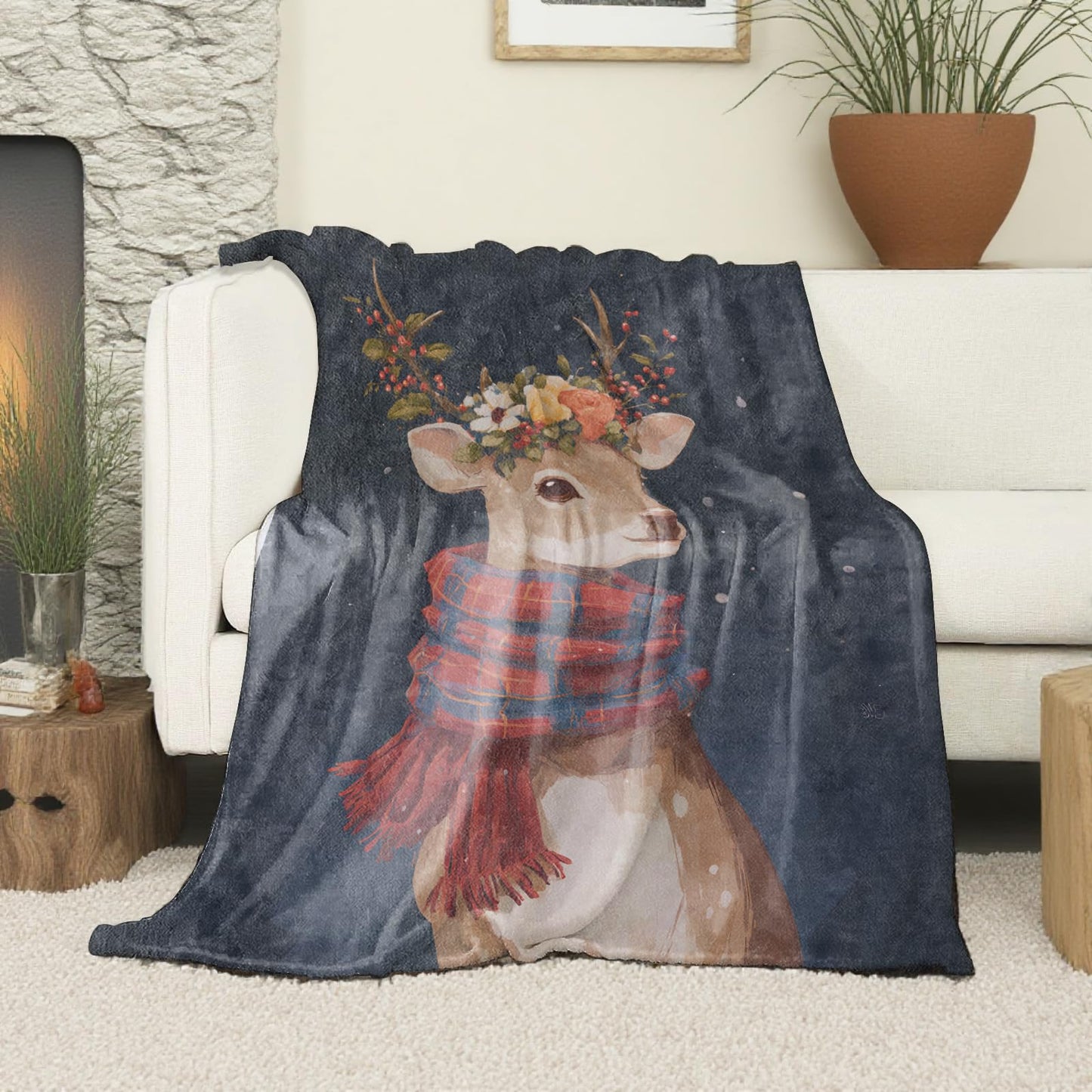 VOPNXLT Cute Winter Reindeer Blanket, Soft Cozy Lightweight Christmas Deer with Plaid Scarf Throw Blanket for Girls Women Kids, Sofa Couch Bed 50x60 Inch Flannel Animal Blankets for Travel Decor Gifts