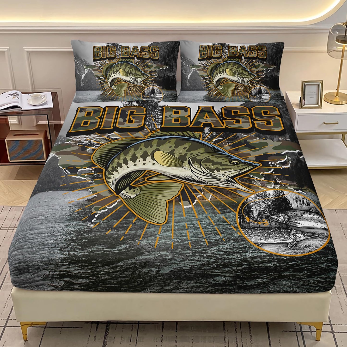 AILONEN Big Pike Fish Sheet Set,3Pcs Hunting and Fishing Pattern Bedding Sets for Kids Boys Twin XL Size,Camouflage Underwater Animals Deep Pocket,Soft Microfiber,1 Bed Sheets Set + 2 Pillowcases