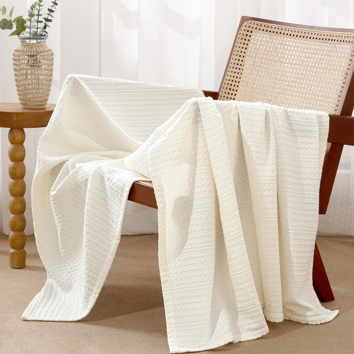 PHF Lightweight Waffle Weave Throw Blanket 50"x 60", Soft Woven Summer Blanket for Hot Sleepers - Aesthetic Home Decor for Couch Bed Sofa, Pet Friendly, Cream