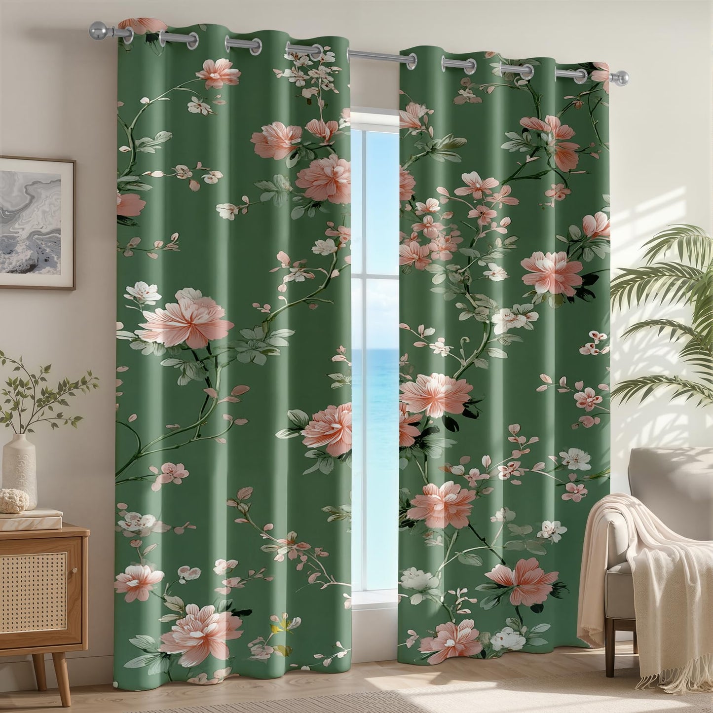 Vintage Floral Patterned Blackout Curtains for Bedroom Living Room, 63 Inch Curtains 2 Panel Set, Thermal Insulated Room Darkening Grommet Drapes, Farmhouse Green Pink Flower Botanical Treatments