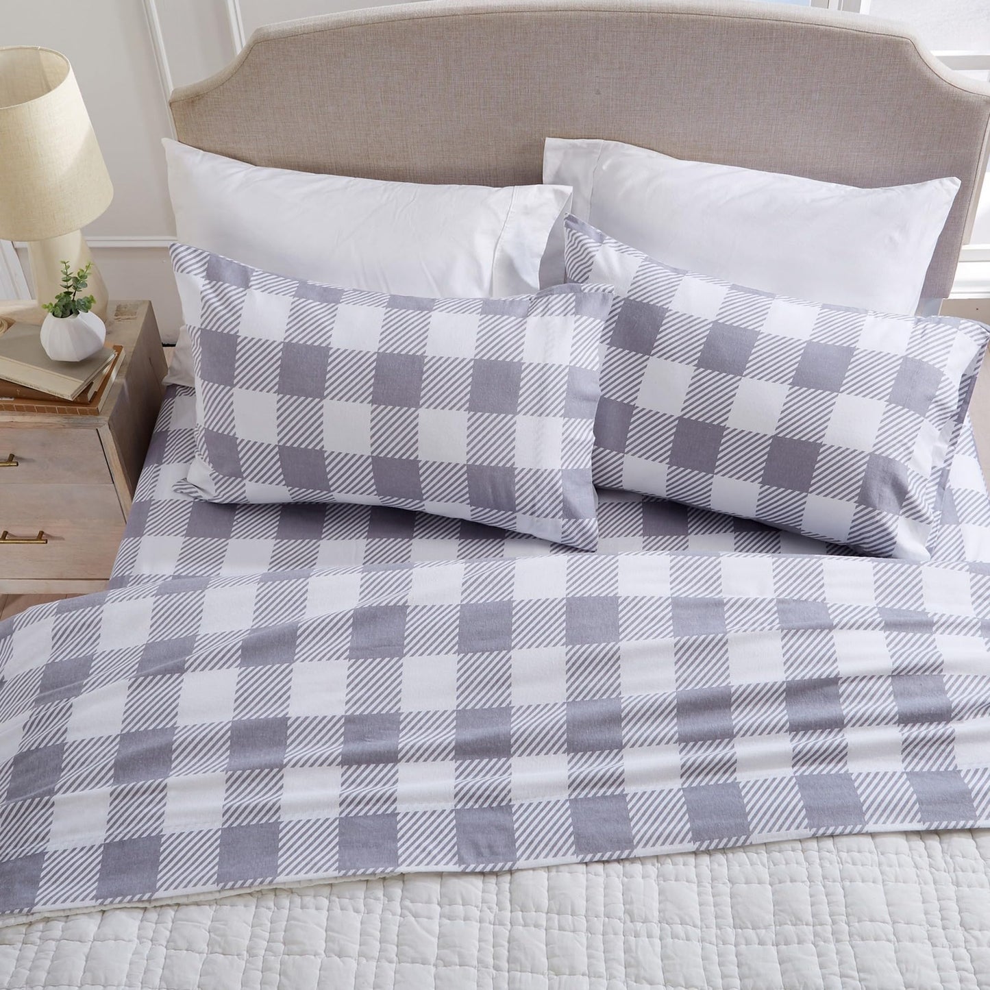 Market & Place 100% Turkish Cotton Flannel Sheet Set | 4 Piece Deep Pocket Novelty Cozy Winter Bed Sheets | Double Brushed for Extra Softness & Comfort | Queen, Buffalo Check Grey
