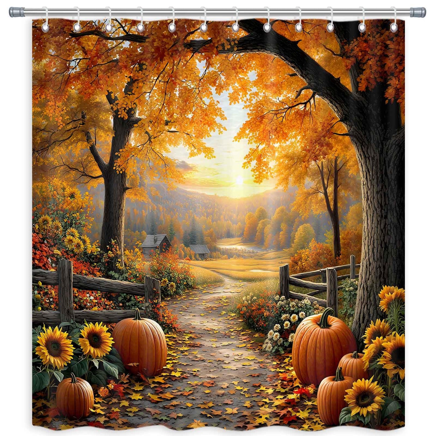 MDDGKH Fall Shower Curtains for Bathroom, Pathway in The Woods Autumn Tree Pumpkin Harvest Thanksgiving Shower Curtain, Cloth Fabric Bath Decor Set with Hooks, 71 x 71 Inch
