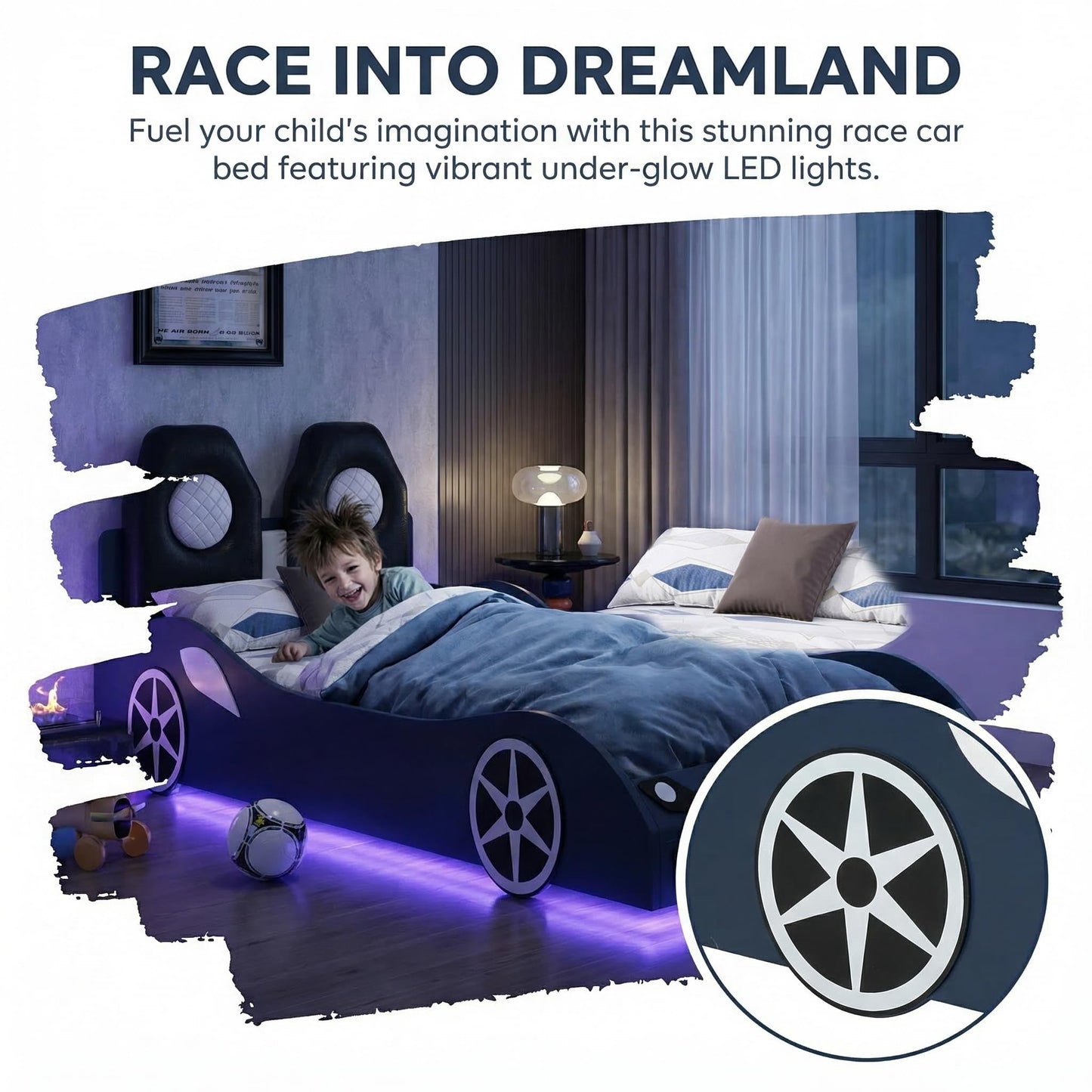 Bellemave Wood Twin Size Race Car-Shaped Platform Bed with LED and Upholstered Backrest, Platform Bed Frame with Race Car-Shaped and Safety Guardrails (Blue)