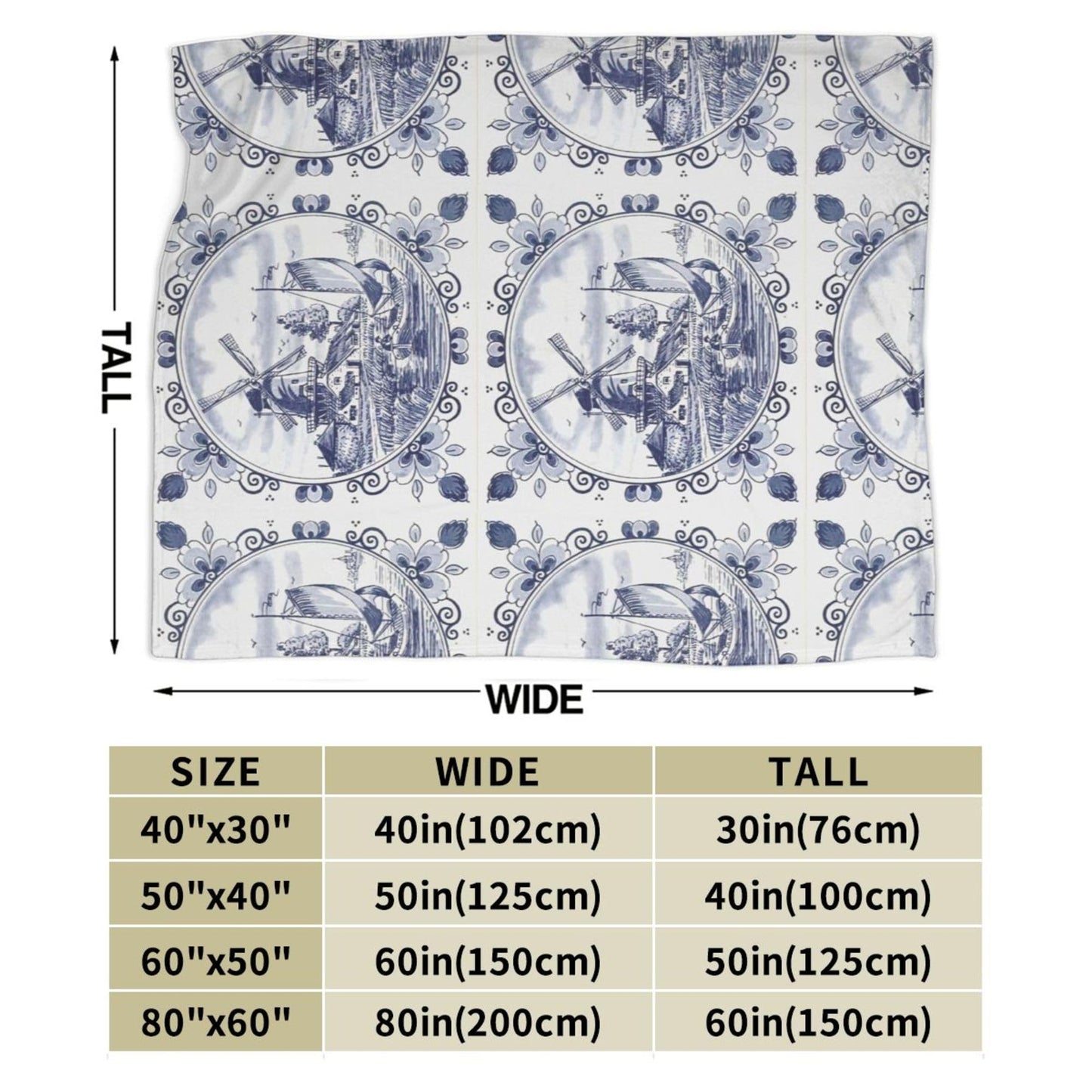 Nederland Cute Vintage Dutch Windmill Delft Blue Blanket Super Soft Flannel Blanket Comfy Cozy Throw Blanket Couch Lightweight Blankets for Living Room Bedroom 80"x60"