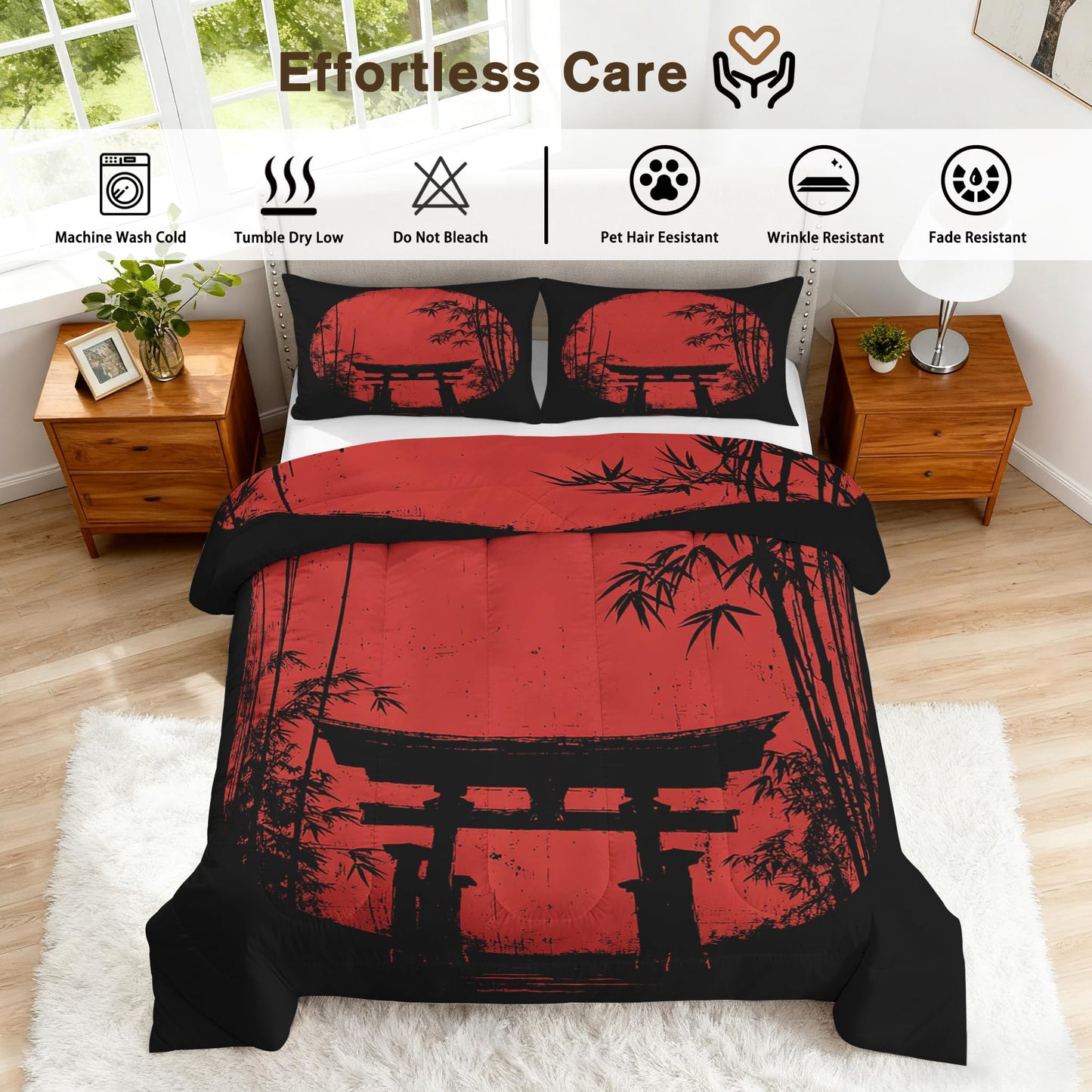 TANCAPRIUM Japanese Torii Comforter Set Queen - Red Sun Bedding Set & 2 Pilow Cases for All Season - Soft Reversible Down Alternative 3 Piece. Asian Bedrom Decor