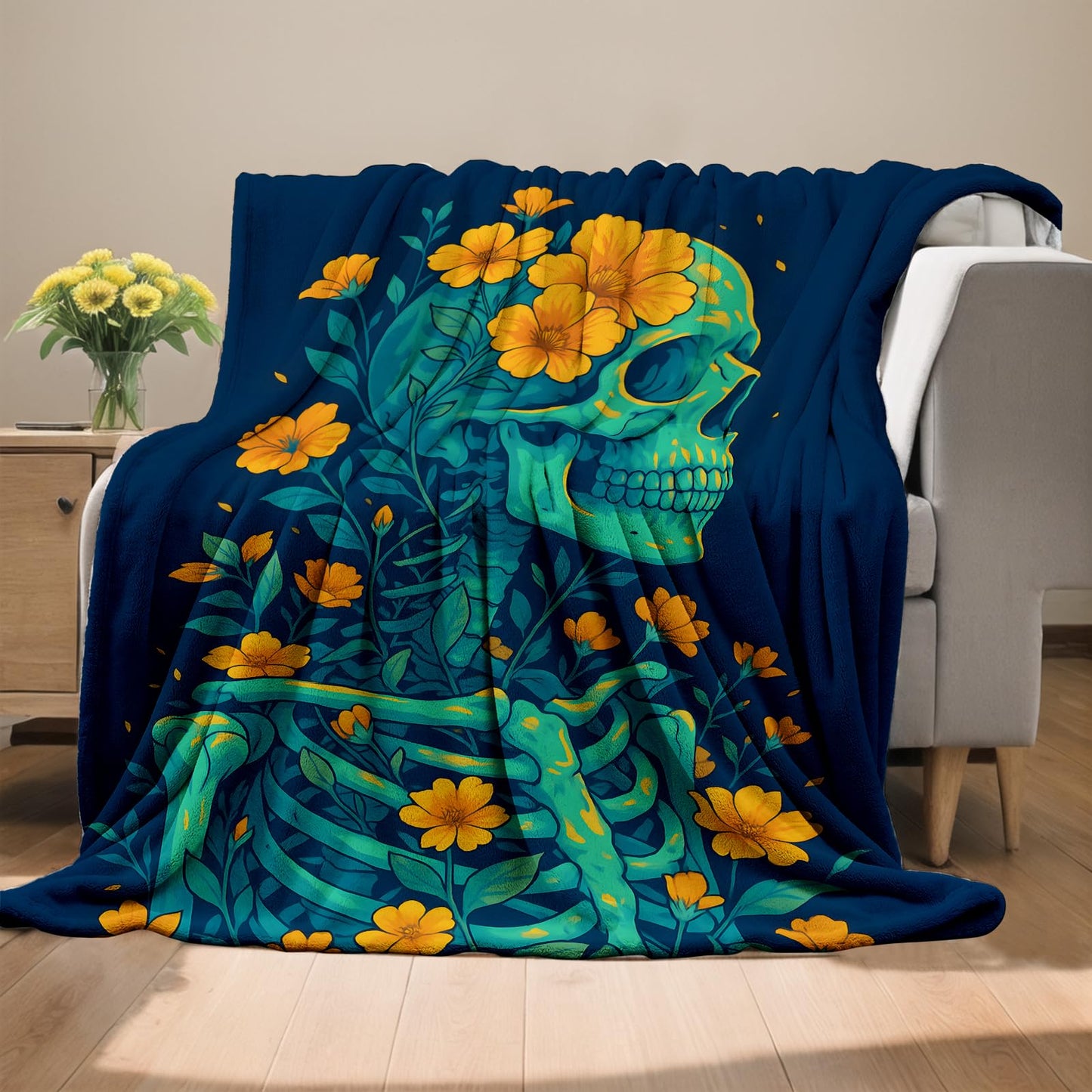 Skeleton Floral Blanket, Flannel Throw Blanket Soft Cozy Lightweight Blankets for Adults Women Kids Home Decor for Sofa Couch Bed 60x50 Inch