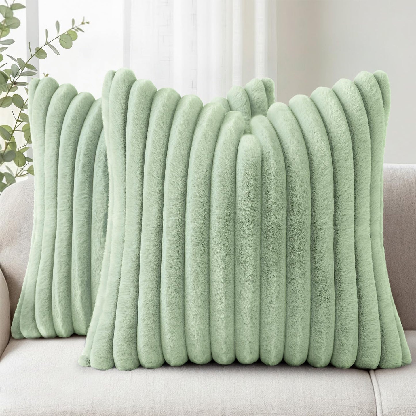 Simmore Faux Fur Couch Throw Pillow Covers 18x18 Set of 2, Decorative Soft Striped Plush Pillow Covers with Velvet Back for Sofa Bed Living Room, Sage Green
