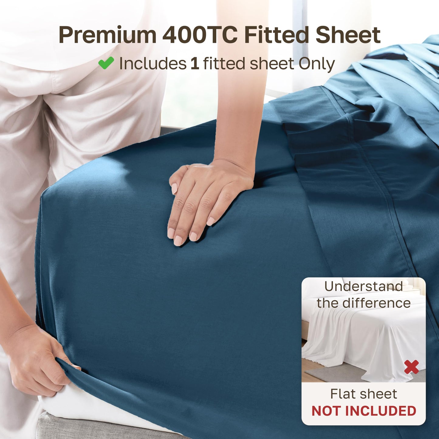 California Design Den Fitted King Sheet Only, Deep Pocket Soft 400 Thread Count 100% Cotton, No Pop-Off Elastic, Durable Sateen Weave Sheet Only (King, Peacock Blue)