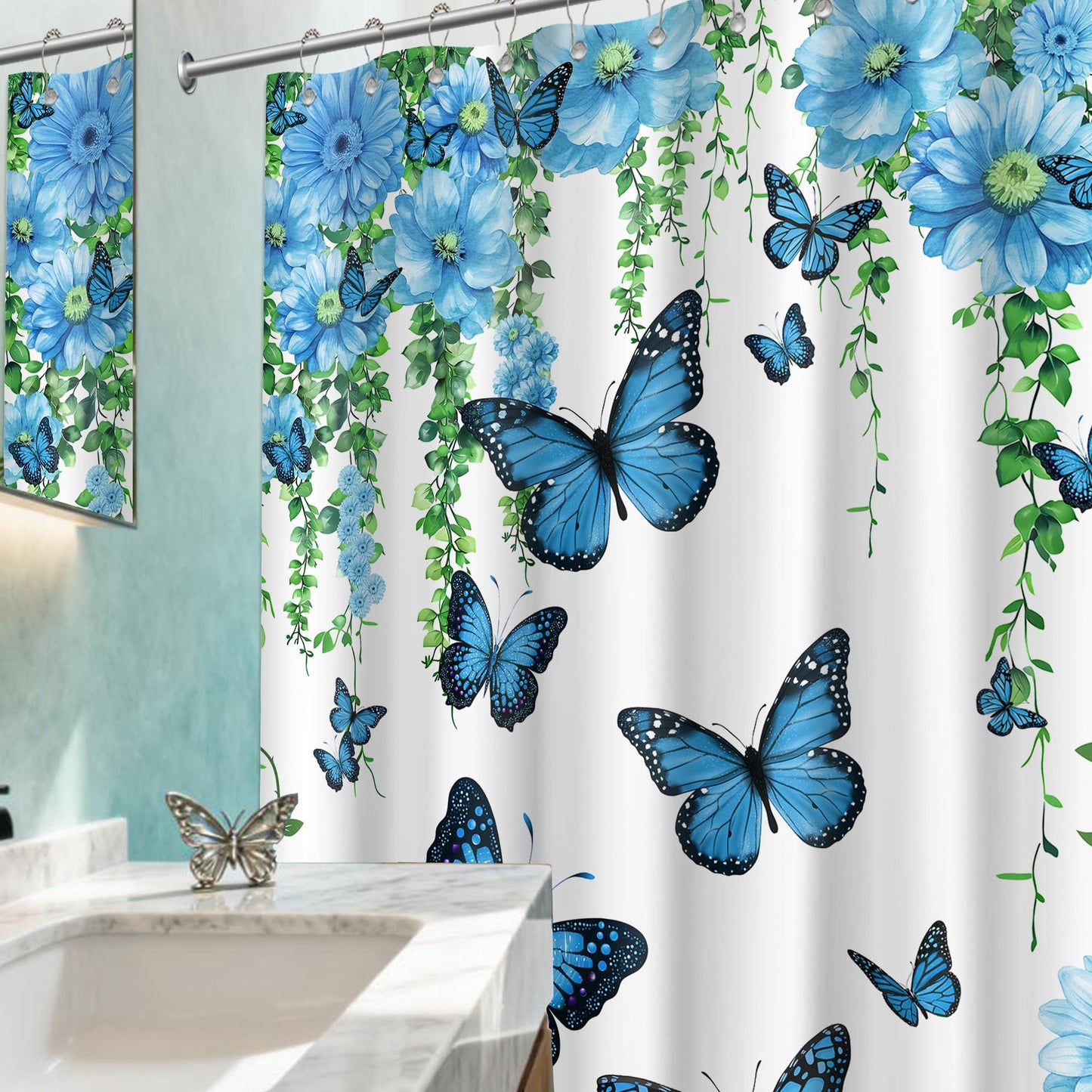Pdvbiee Blue Butterfly Flower Shower Curtain, 70 X 72 Inch
