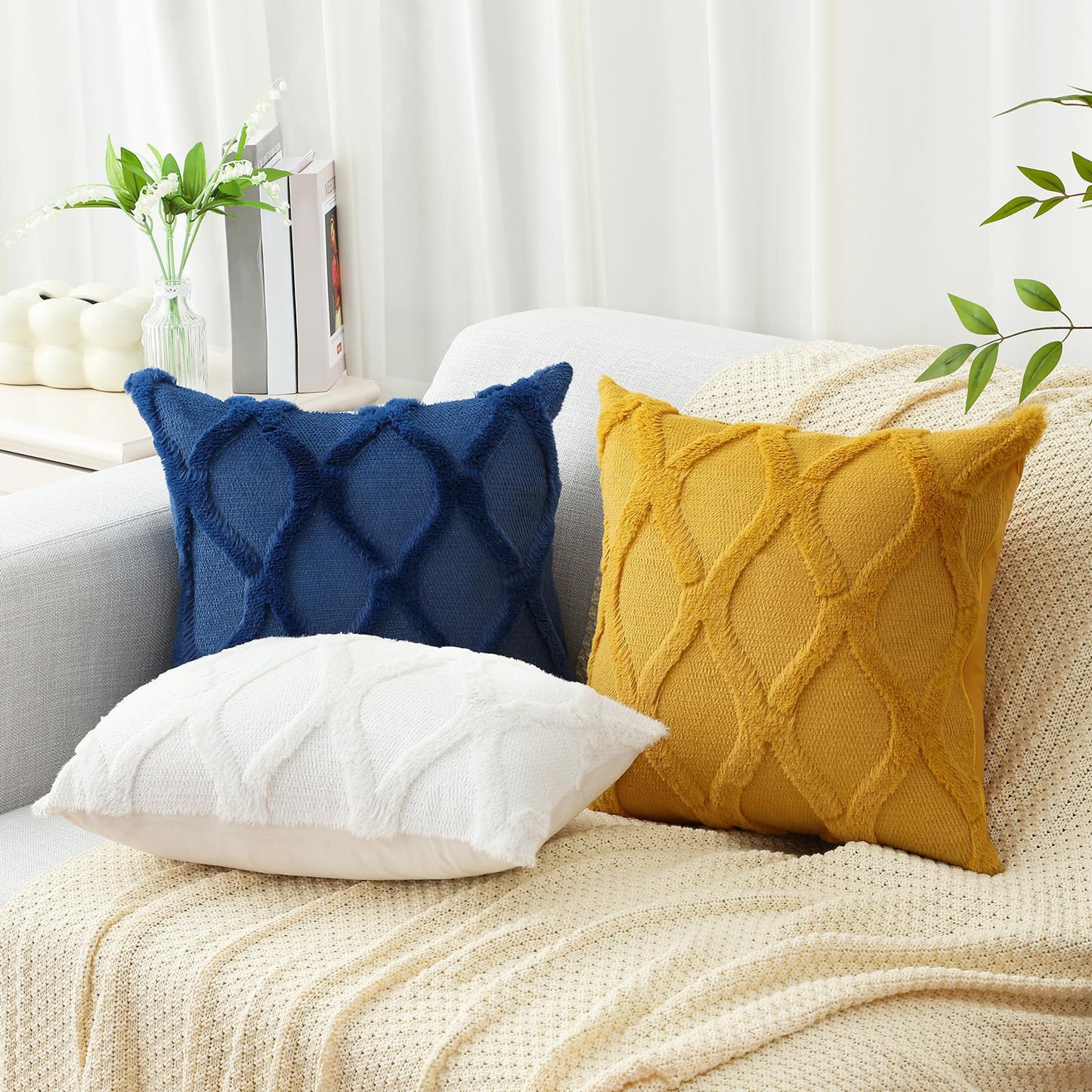 decorUhome Fall Throw Pillow Covers 18x18 Inch Set of 2, Soft Plush Faux Fur Wool Dark Blue Accent Couch Pillow Covers for Modern Farmhouse Bed Sofa Living Room