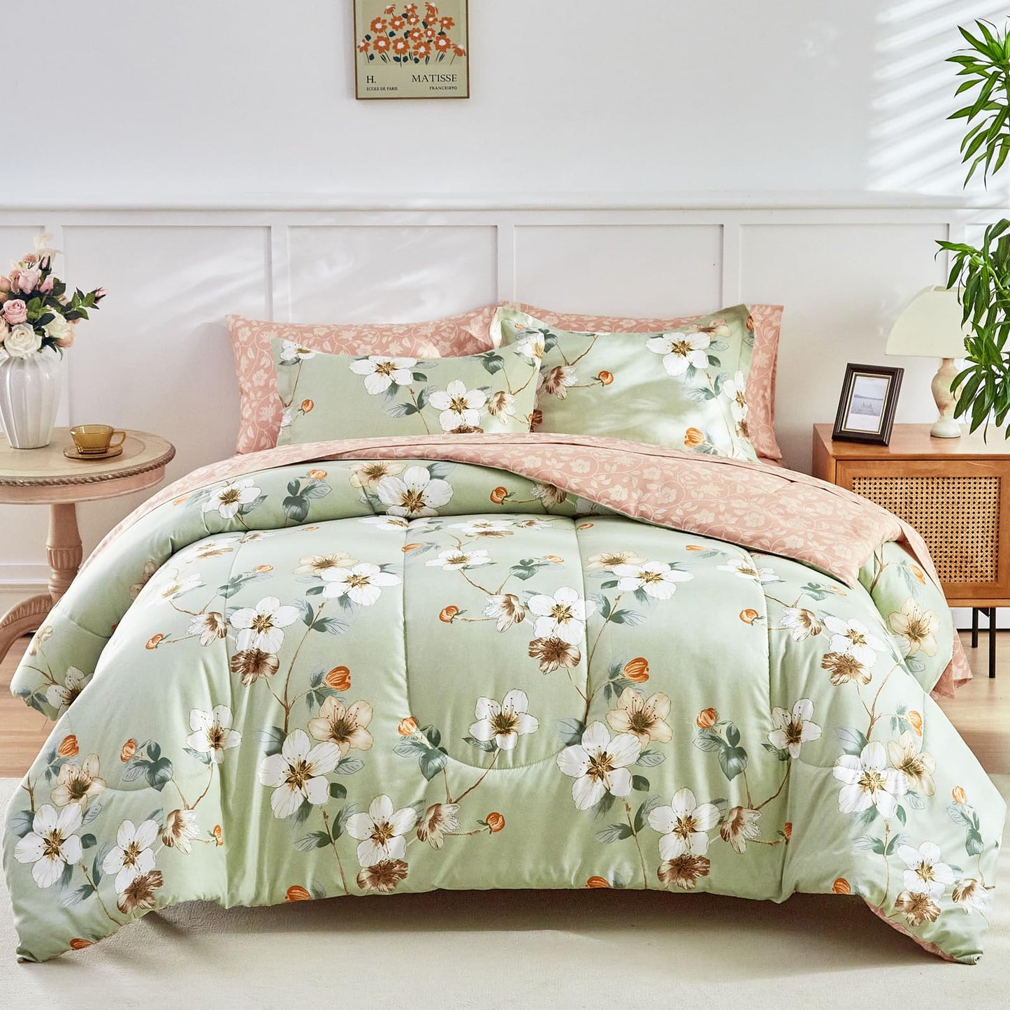 AIKASY 7 Piece Floral Comforter Set King Size - Soft Microfiber Bed in a Bag with Sheet Set for All Seasons - Green Flower Botanical Design - Reversible Bedding Set