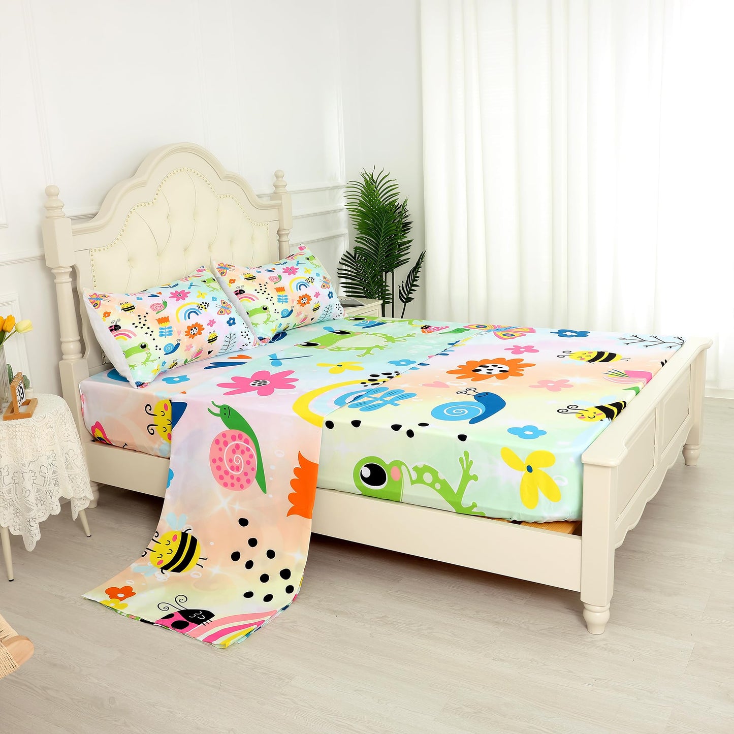 FUYEUN Rainbow Frogs Fitted Sheet Sets,Cartoon Floral Kids Bedding Twin Size for Girls Teens Adults Bedroom Bed, Kawaii Sheets Bedspread Set,1 Flat Sheet 1 Fitted Sheet 1 Pillowcase