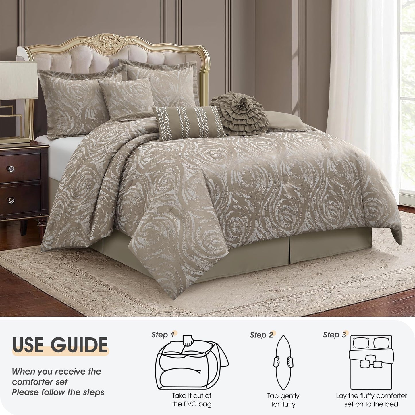 LANCO MODERN LIFESTYLE Taupe 7 Piece Comforter Set, King, Elegant Floral Jacquard, Ultra Soft Bed Set for All Seasons, Bed in a Bag, Include Comforter, Bed Skirt, Pillow Shams & Decor Pillows