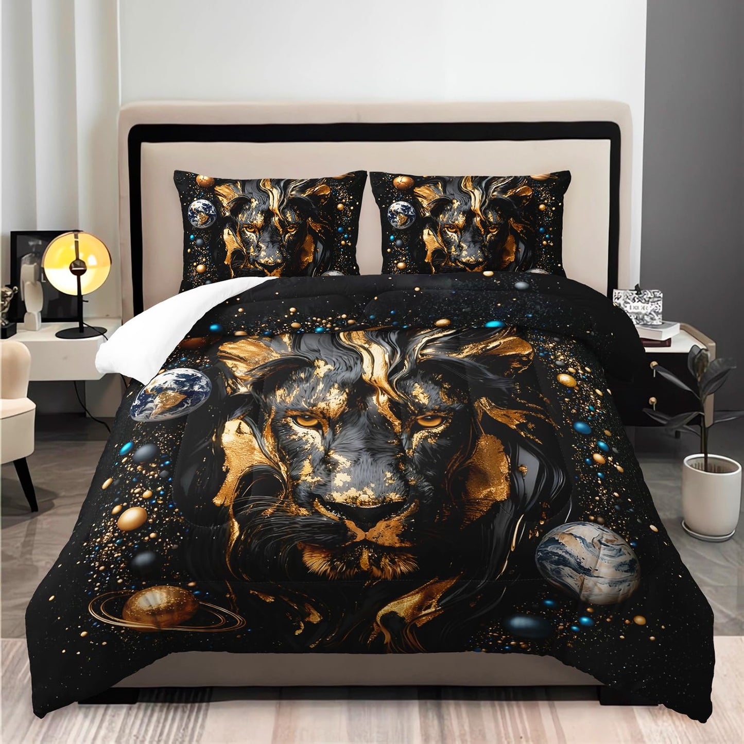 XYNHML 3D Black Golden Lion Theme Comforter 3Pcs Twin Outer Space Planet Earth Bedding Set for Kid Teen Girl Boy Adult Tropical African Wildlife Lion Quilt Bed Decor with 1 Comforter & 2 Pillowcases