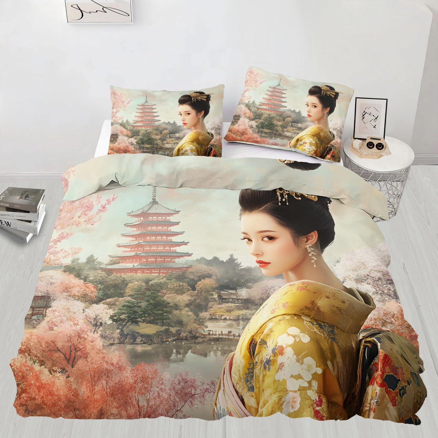 GKPLY Japanese Comforter Set Twin, Oriental Girls Duvet Cover, Asian Painting Bedding Set, 2 Pillowcases, Zipper Closure, Reversible Print Bedding Set & Bedroom Decor