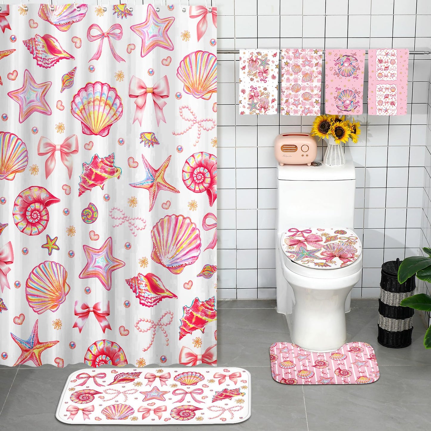 Tatuo 8 Pcs Beach Shower Curtain Set Blue Bow Ocean Summer Beach Party Bathroom Accessories Sets Coquette Starfish Coastal Waterproof Shower Curtain with Towels Carpet Bath Mat Toilet Rugs 12 Hooks