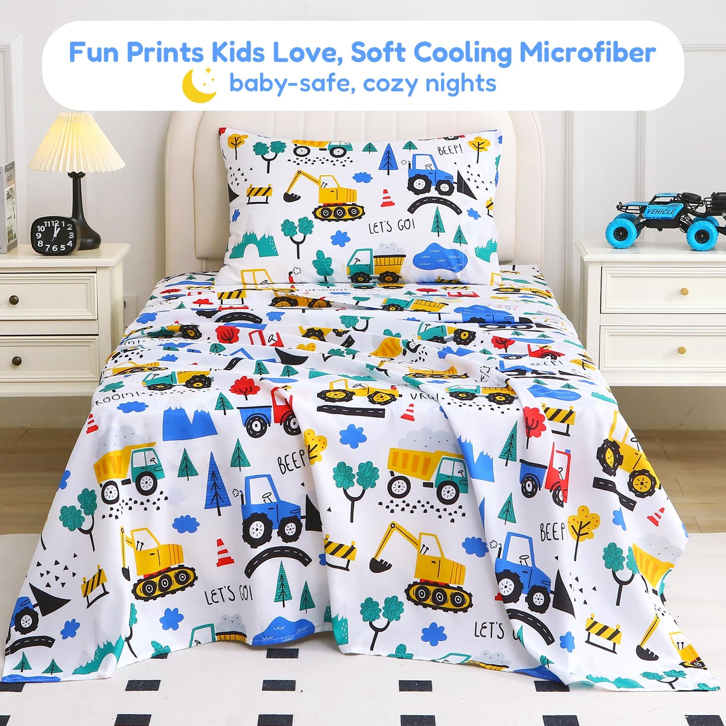 Softan Kids Twin Sheets Set, 3 Piece Construction Truck Bedding Set for Boys, Soft Breathable Microfiber with 15" Deep Pocket, Fitted Flat Sheet & Pillowcase