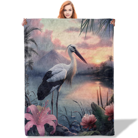 Plistiz Serene Crane Throw Blanket 50x60 Inch, Wildlife Themed Blankets for Tranquil Home Decor, Crane in a Mystical Landscape, Flannel Polyester, Peaceful Gift for Bird Watchers