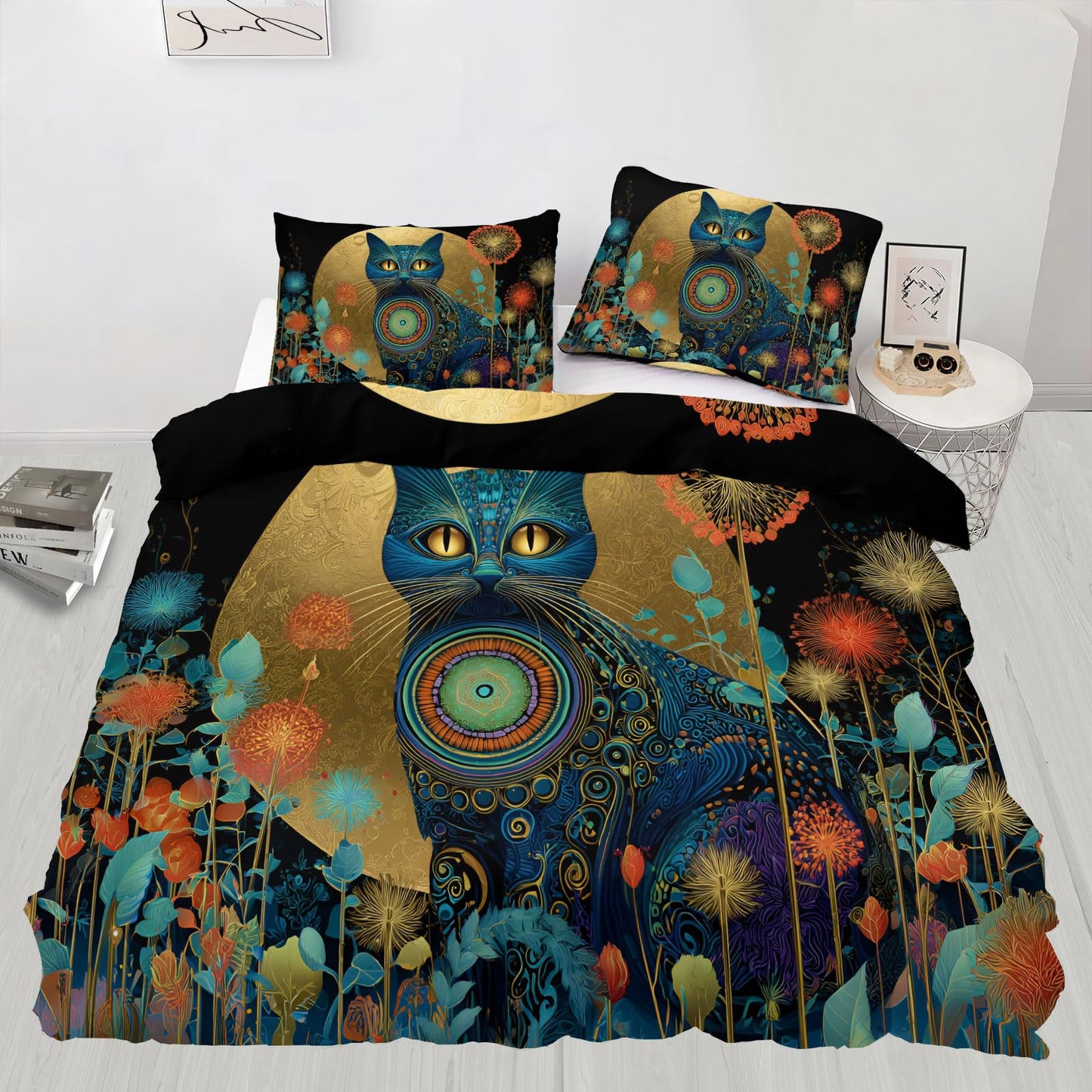 ZAMODE Cat Duvet Cover Oversized King Size, Boho Flower Cat Comforter Cover 120" x 98" & 2 Pillowcases, Retro Exotic Kitten Bedding Set with Zipper Ties
