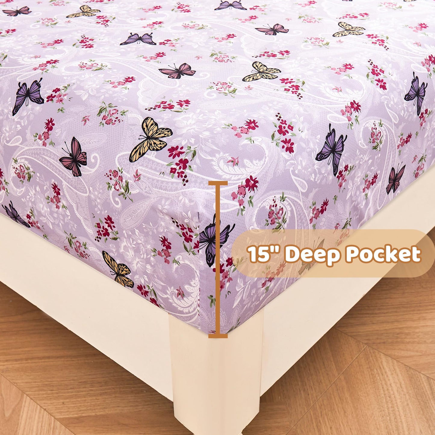 Softan Floral Twin Size Sheet Set, Purple Paisley Flower Printed Sheets for Kids Girls, Brushed Microfiber Fitted Sheet with 15" Deep Pocket & Non-Slip Straps, Butterfly Patterned Sheets
